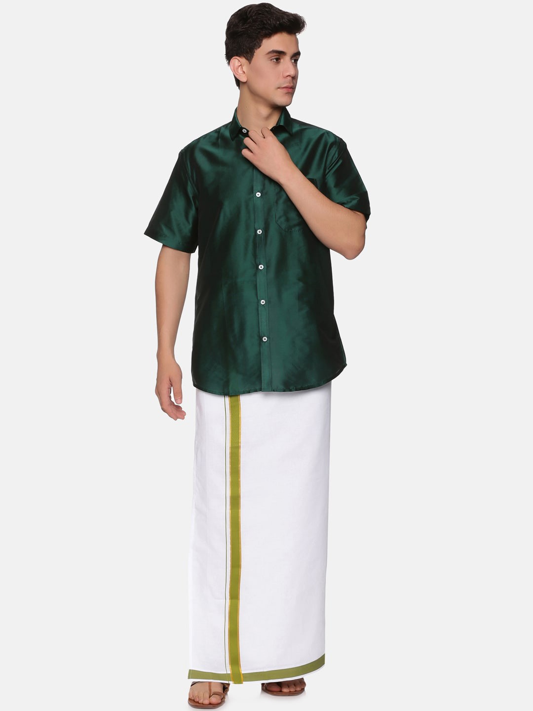 

Sethukrishna Men Green & White Shirt with Dhoti Pants