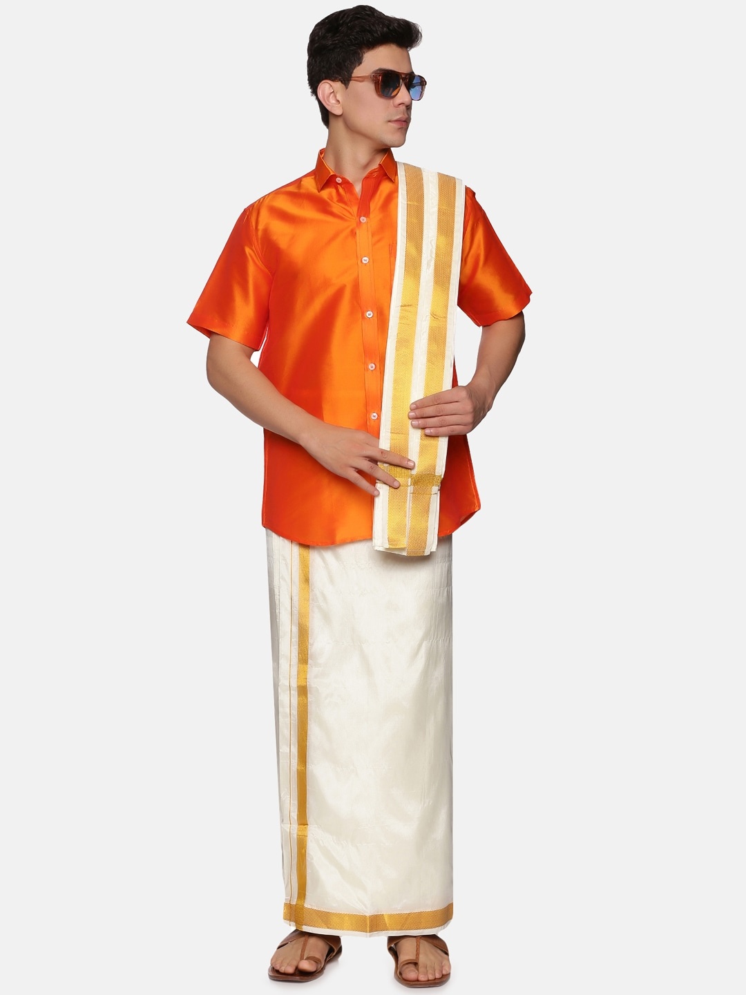 

Sethukrishna Men Orange & White Shirt with Dhoti Pants