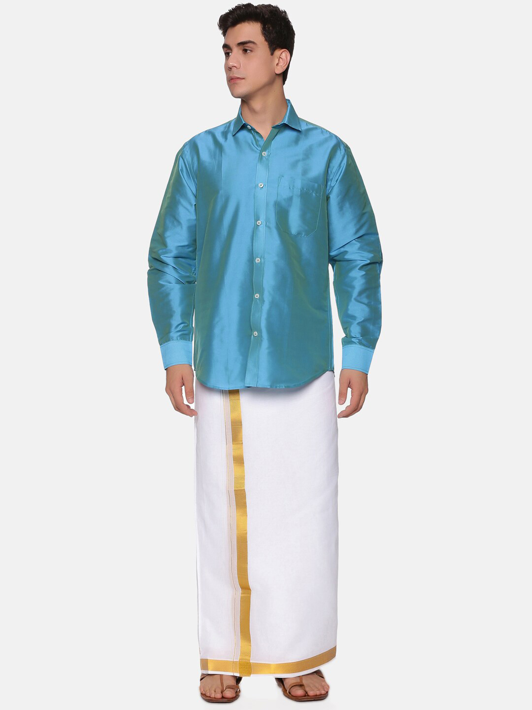 

Sethukrishna Men Turquoise Blue & White Shirt with Dhoti Pants