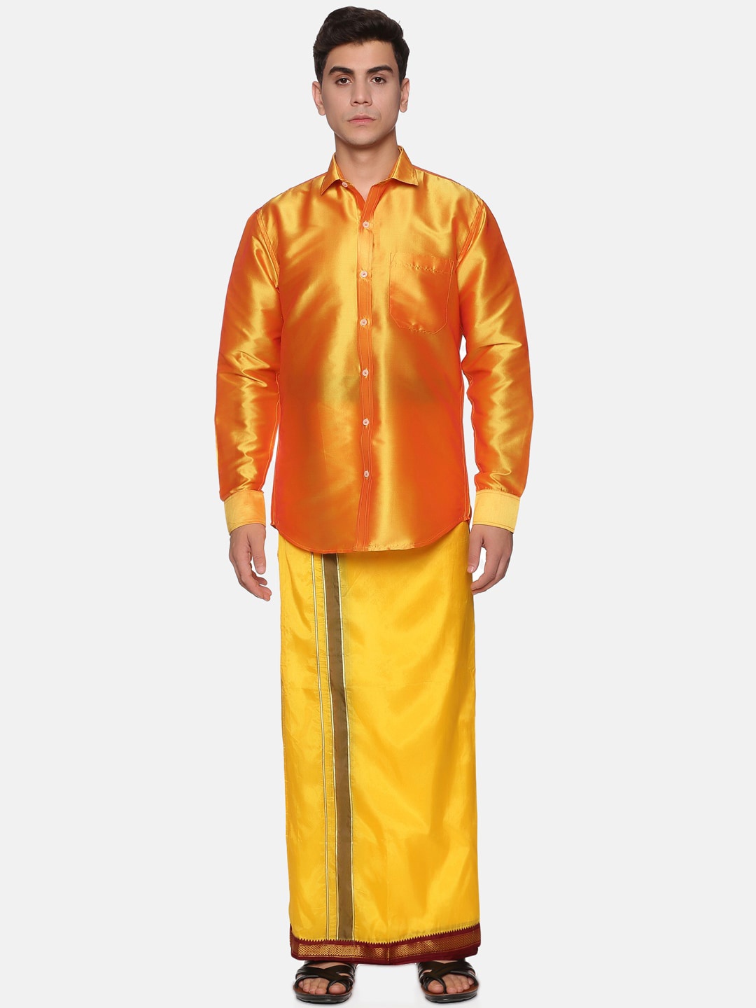 

Sethukrishna Men Yellow & Orange Shirt with Dhoti Pants