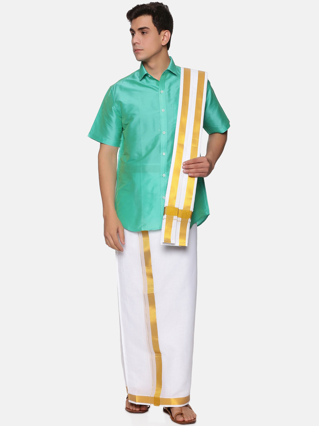 

Sethukrishna Men Fluorescent Green & White Shirt with Dhoti Pants