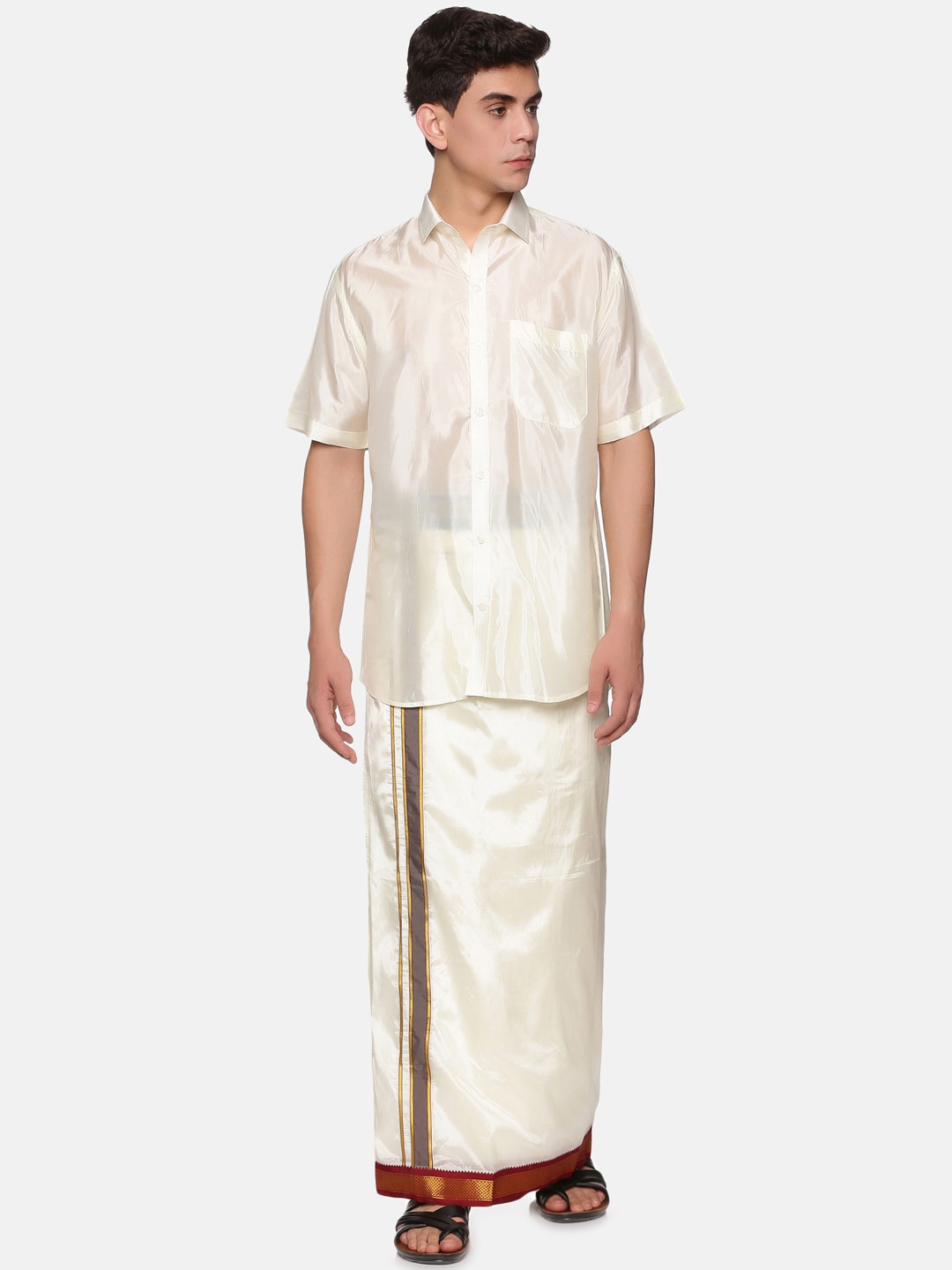 

Sethukrishna Men Cream-Coloured & Gold-Toned Shirt with Dhoti Set