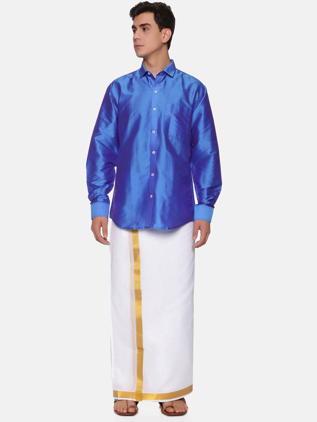 

Sethukrishna Men Blue & White Shirt with Dhoti Set