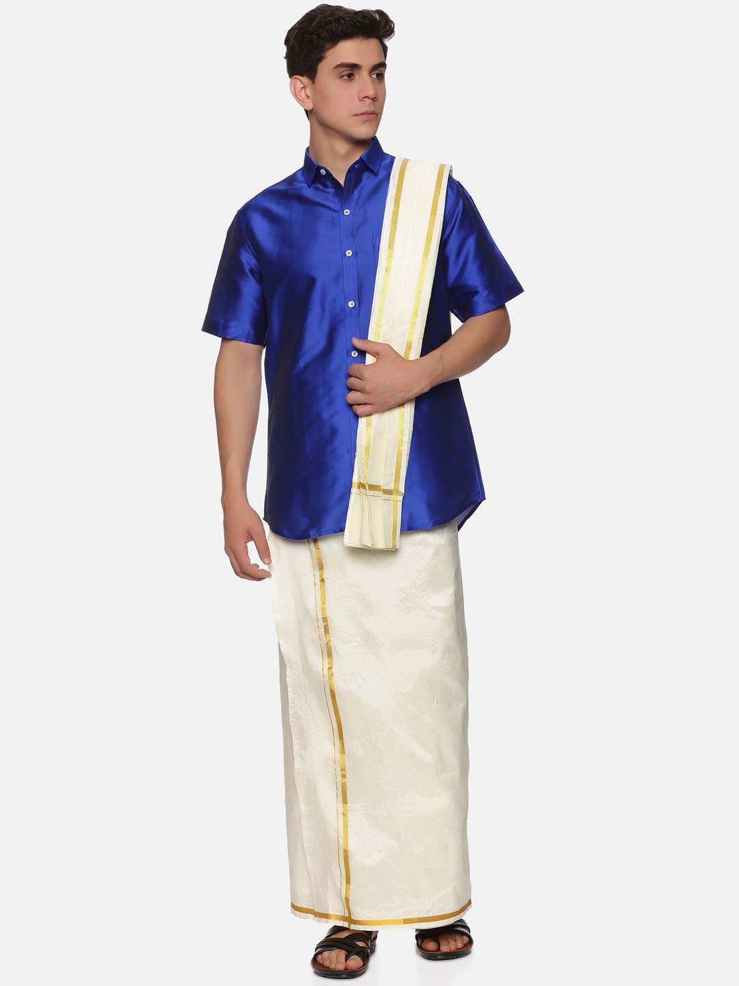 

Sethukrishna Men Navy Blue & White Shirt with Dhoti & Angavastram Set