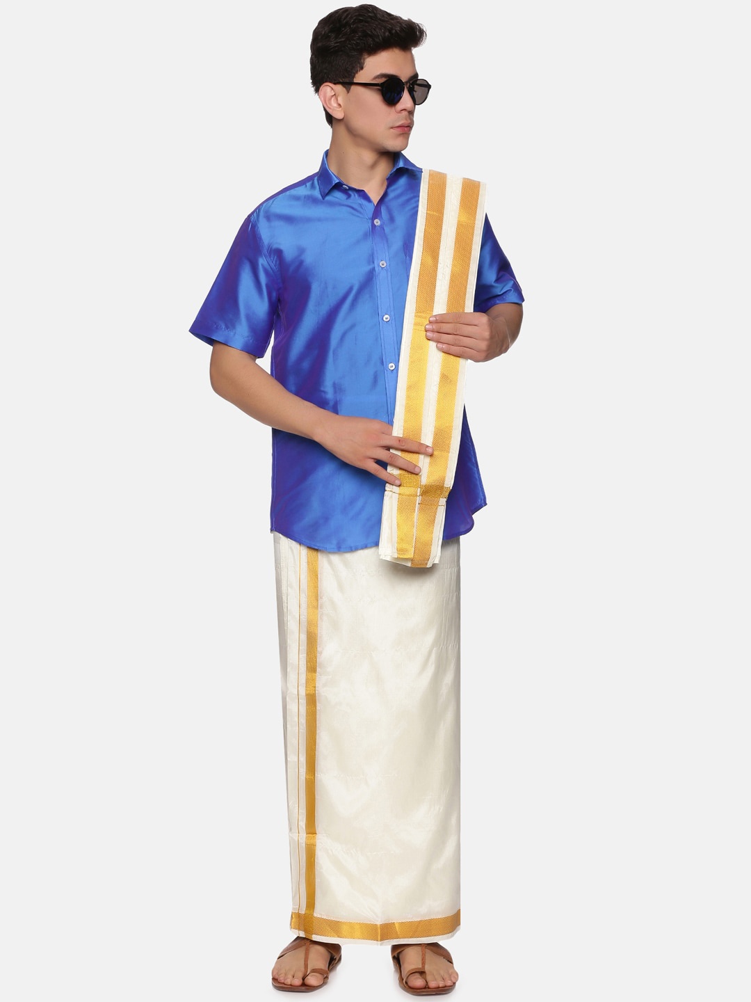 

Sethukrishna Men Blue & Off White Shirt with Dhoti & Angavastram Set
