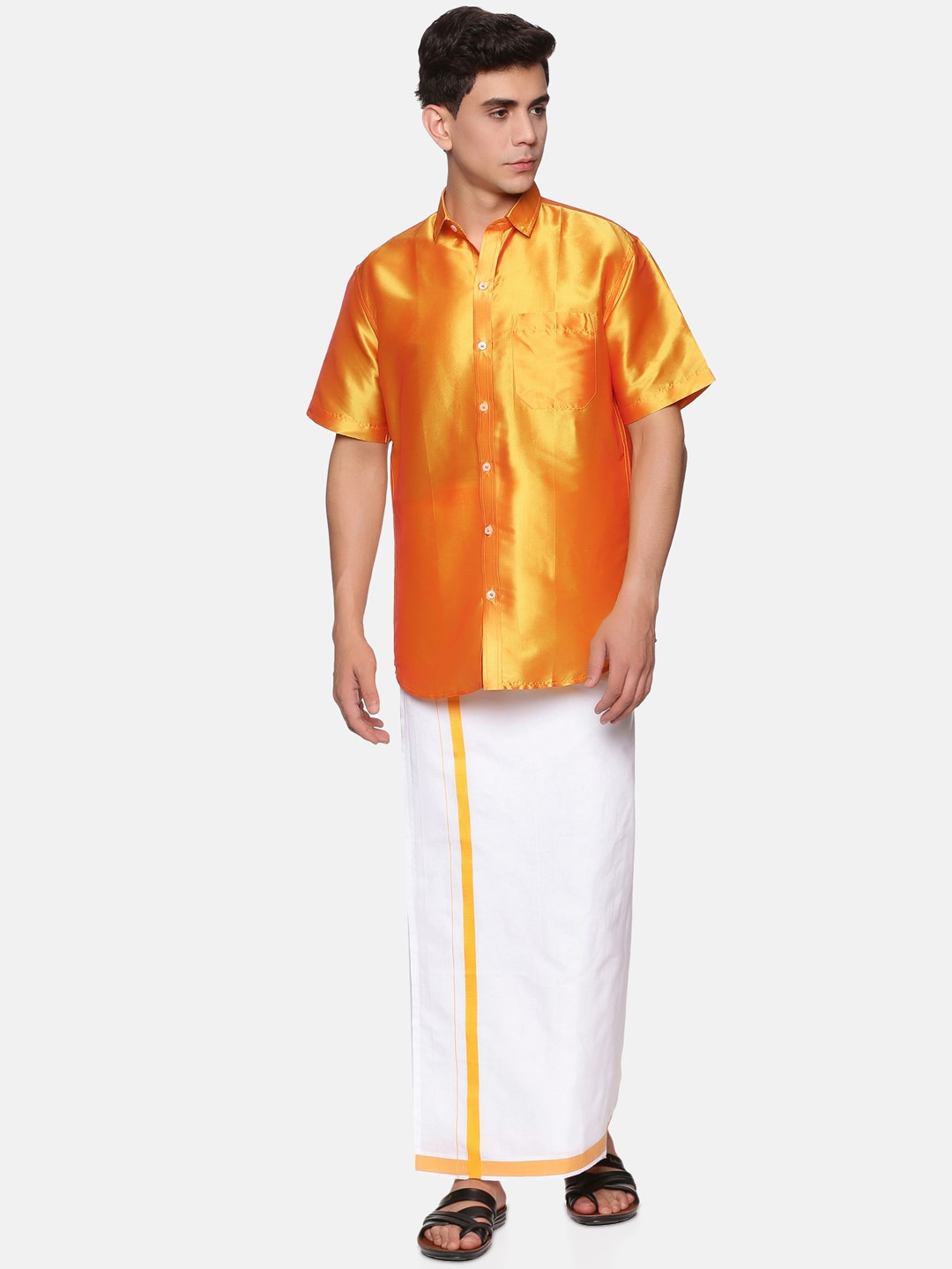 

Sethukrishna Men Yellow & White Shirt with Dhoti Set
