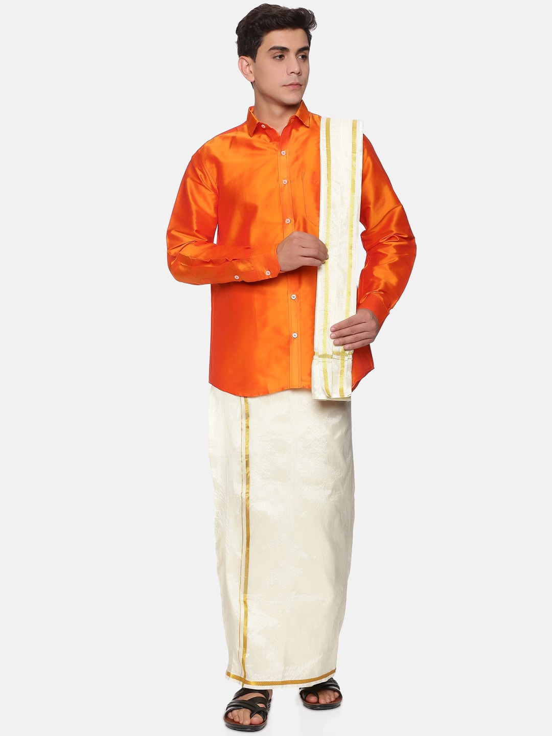 

Sethukrishna Men Orange & Off White Shirt with Dhoti & Angavastram Set