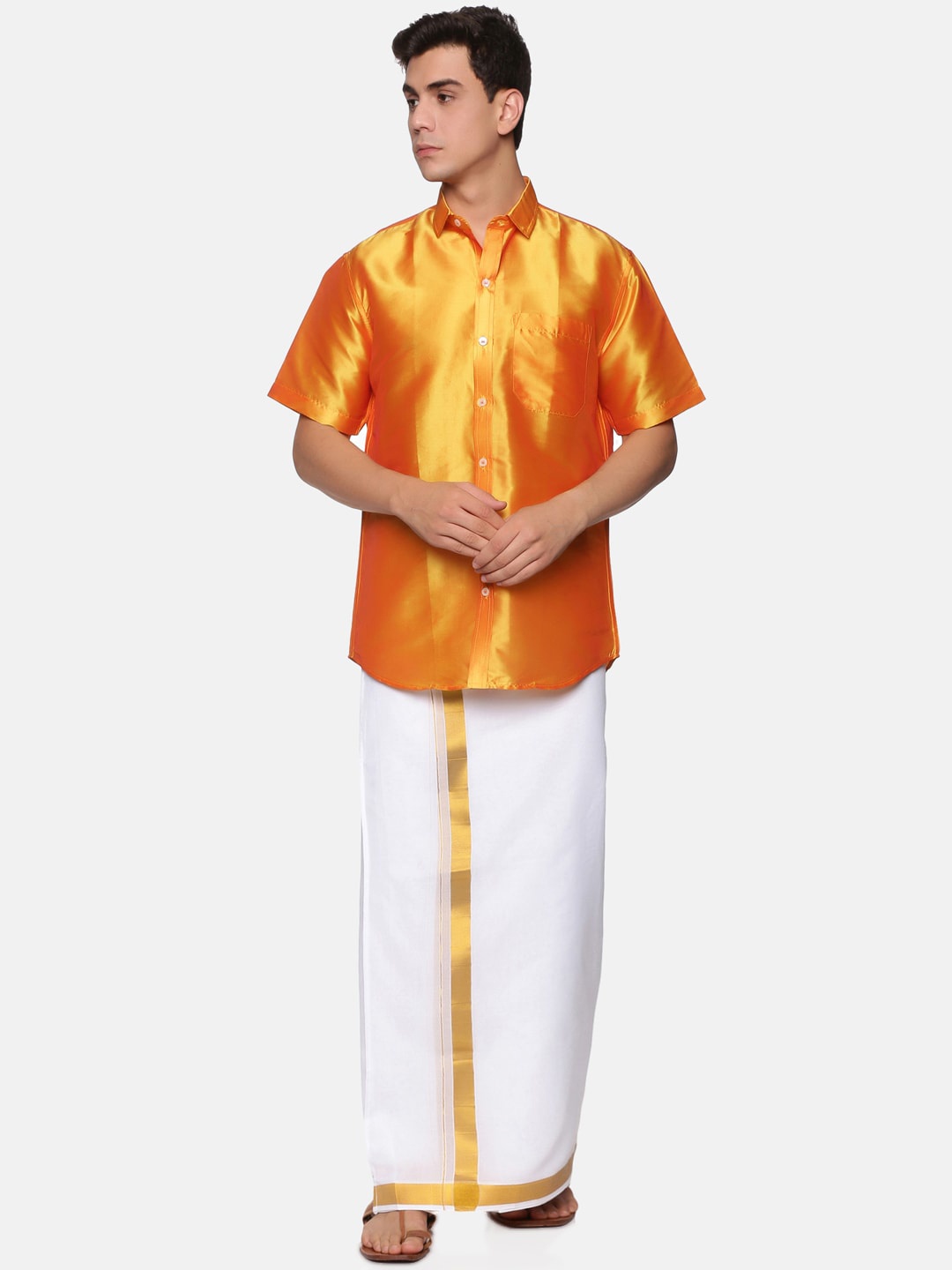 

Sethukrishna Men Mustard & White Shirt with Dhoti Set
