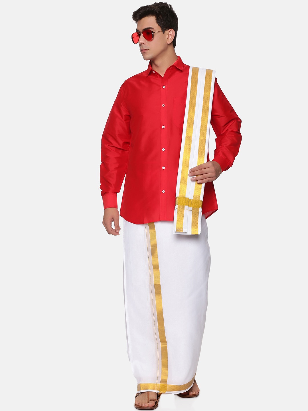 

Sethukrishna Men Red & White Shirt with Dhoti & Angavastram Set