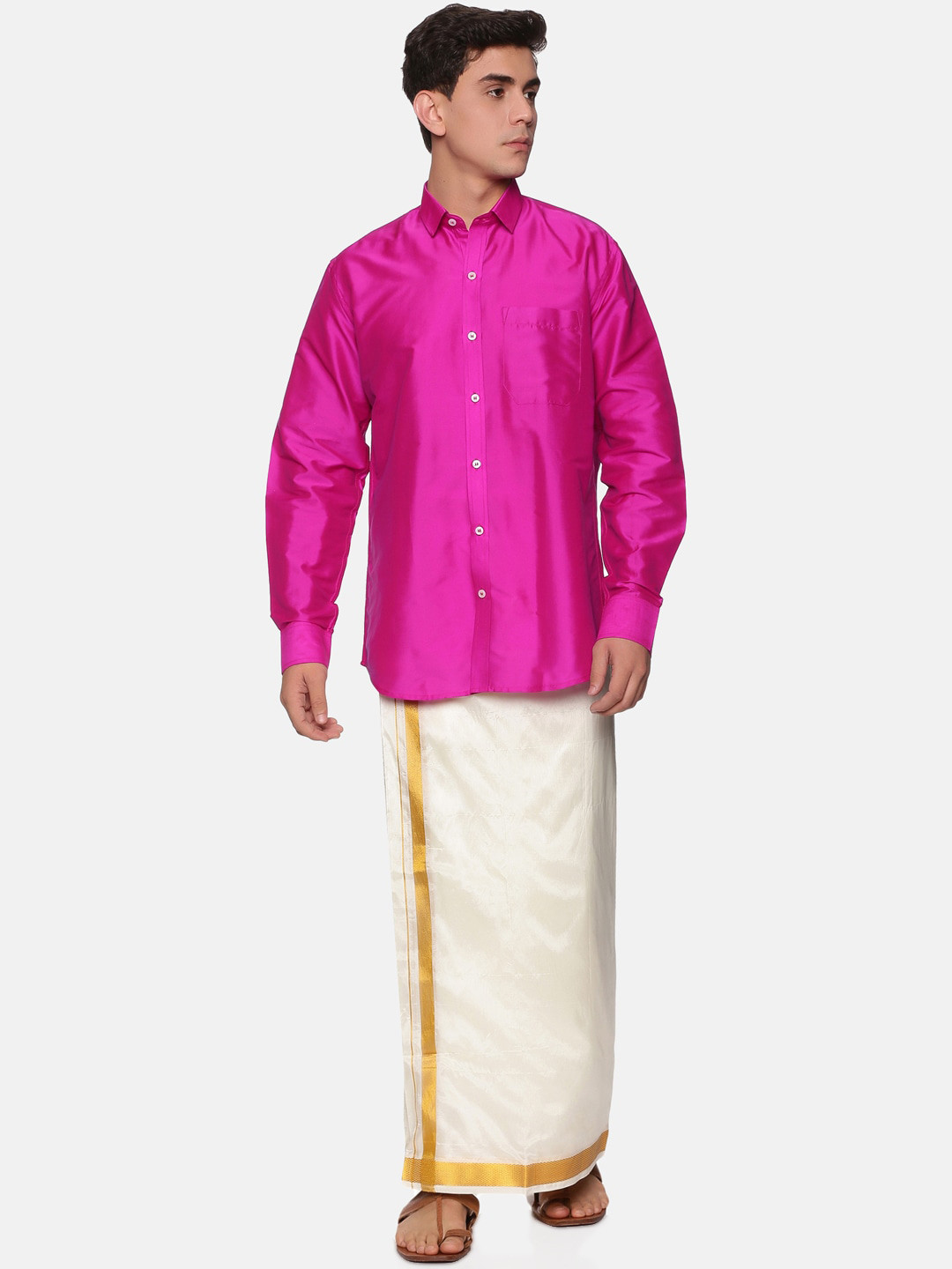 

Sethukrishna Men Pink & White Shirt with Dhoti Set