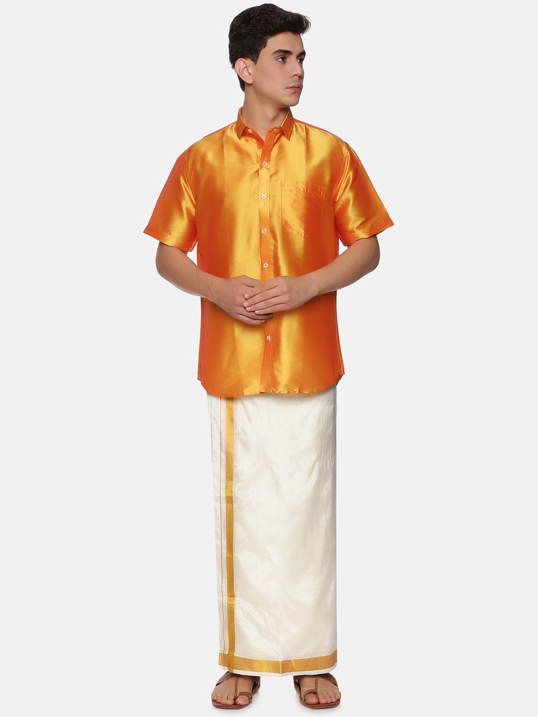 

Sethukrishna Men Mustard & Off White Shirt with Dhoti Set