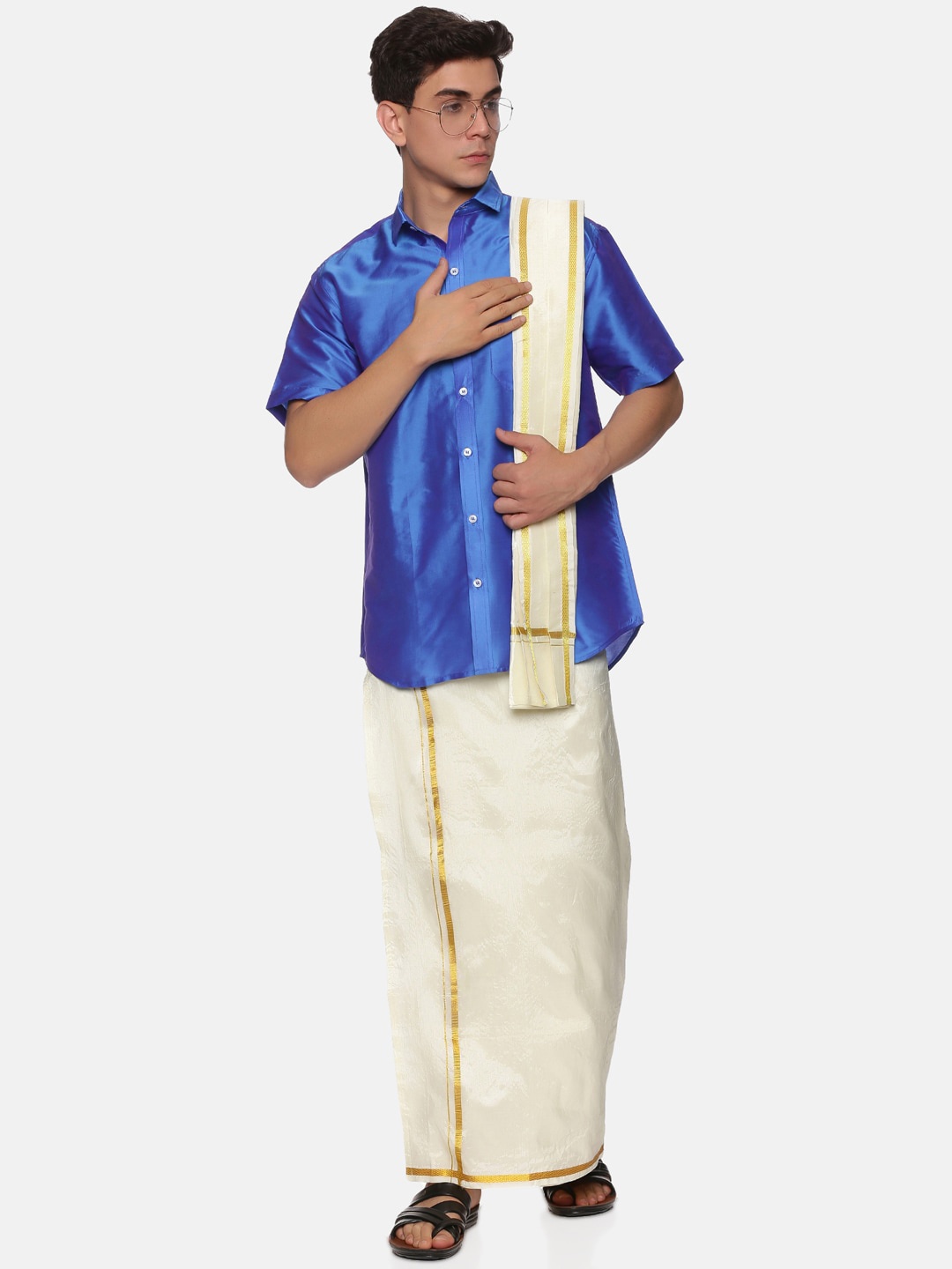 

Sethukrishna Men Blue & White Shirt with Dhoti & Angavastram Set