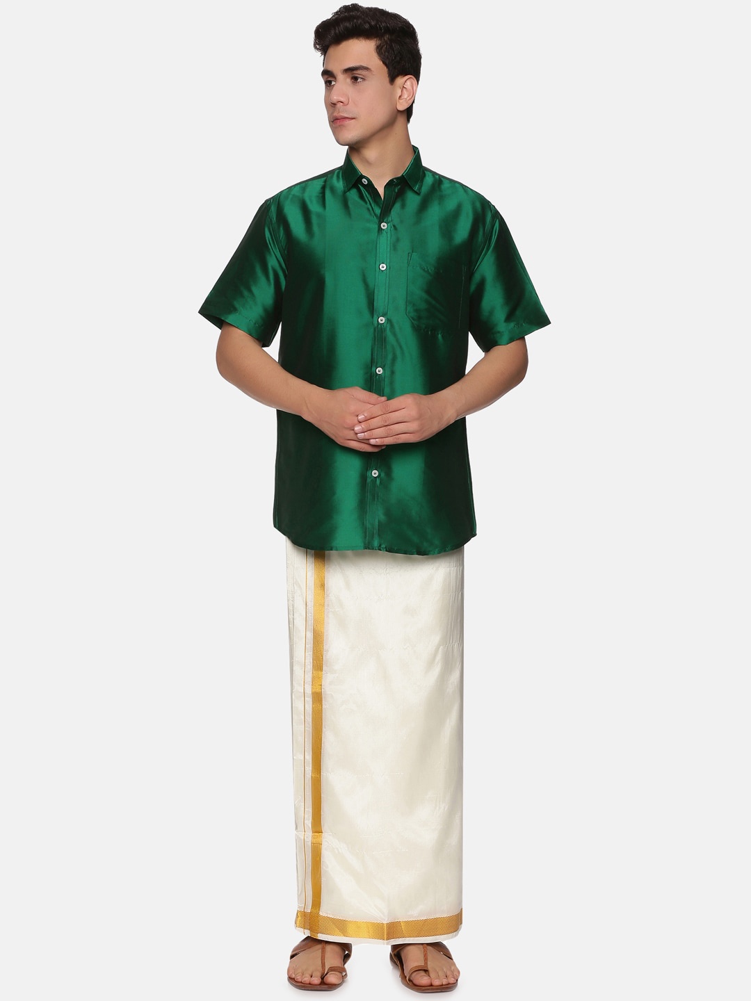 

Sethukrishna Men Green & Off White Shirt with Dhoti Set