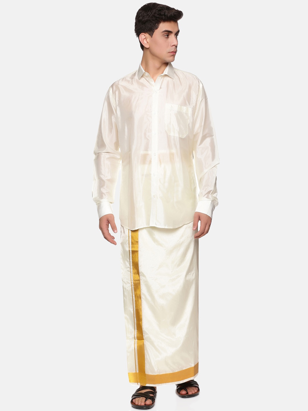 

Sethukrishna Men Cream-Coloured & Gold-Toned Shirt with Dhoti Set