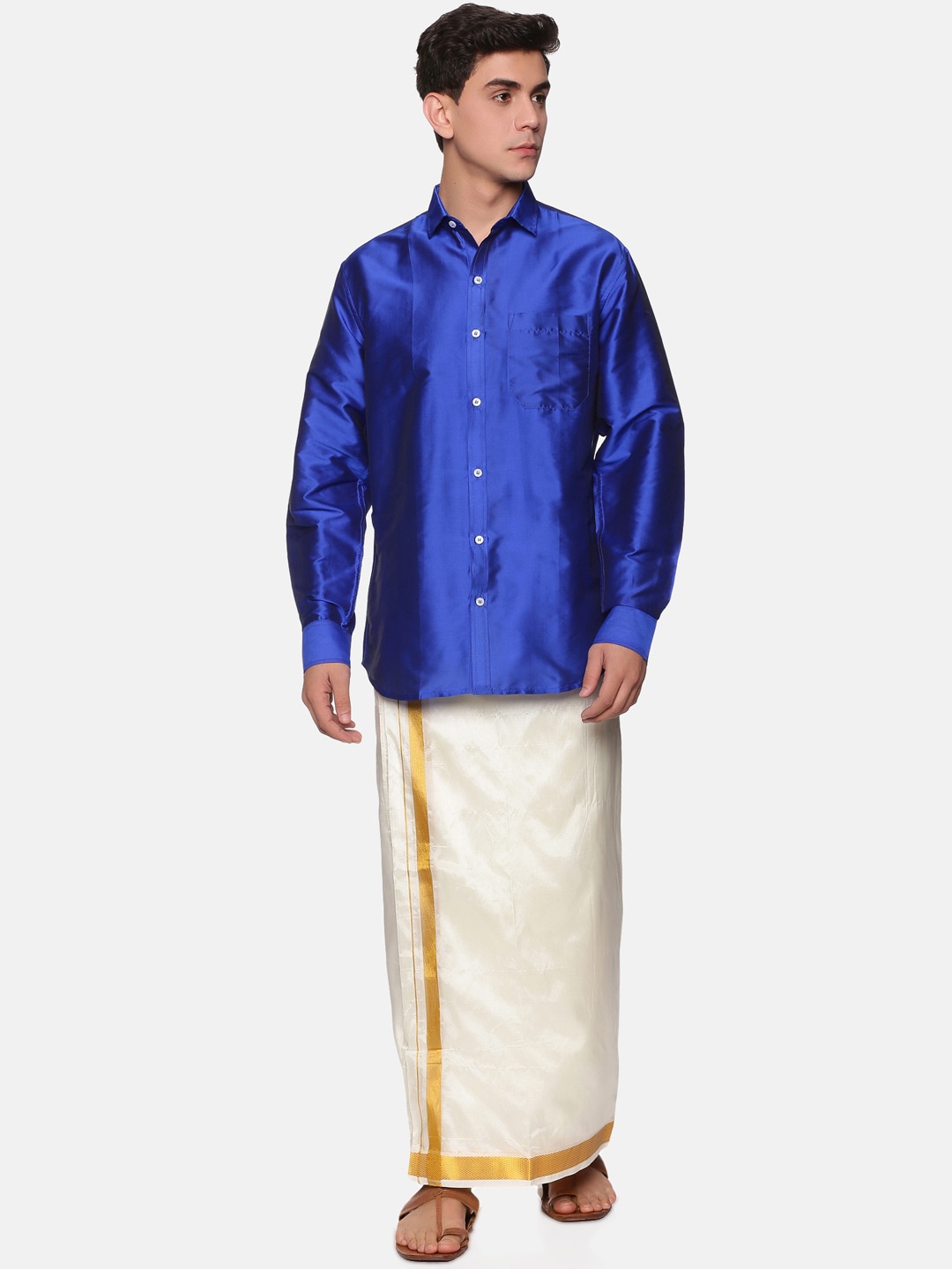 

Sethukrishna Men Navy Blue & White Shirt with Dhoti Set