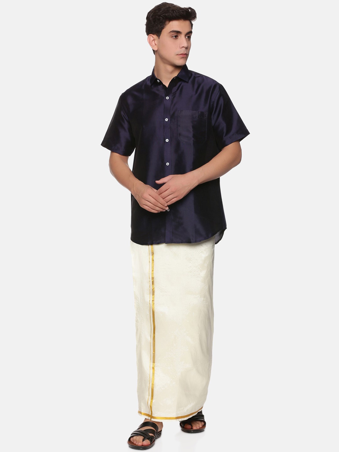 

Sethukrishna Men Blue & Cream-Coloured Shirt with Dhoti Set