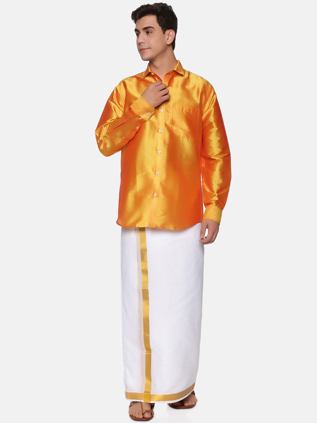 

Sethukrishna Men Mustard & White Shirt with Dhoti Set