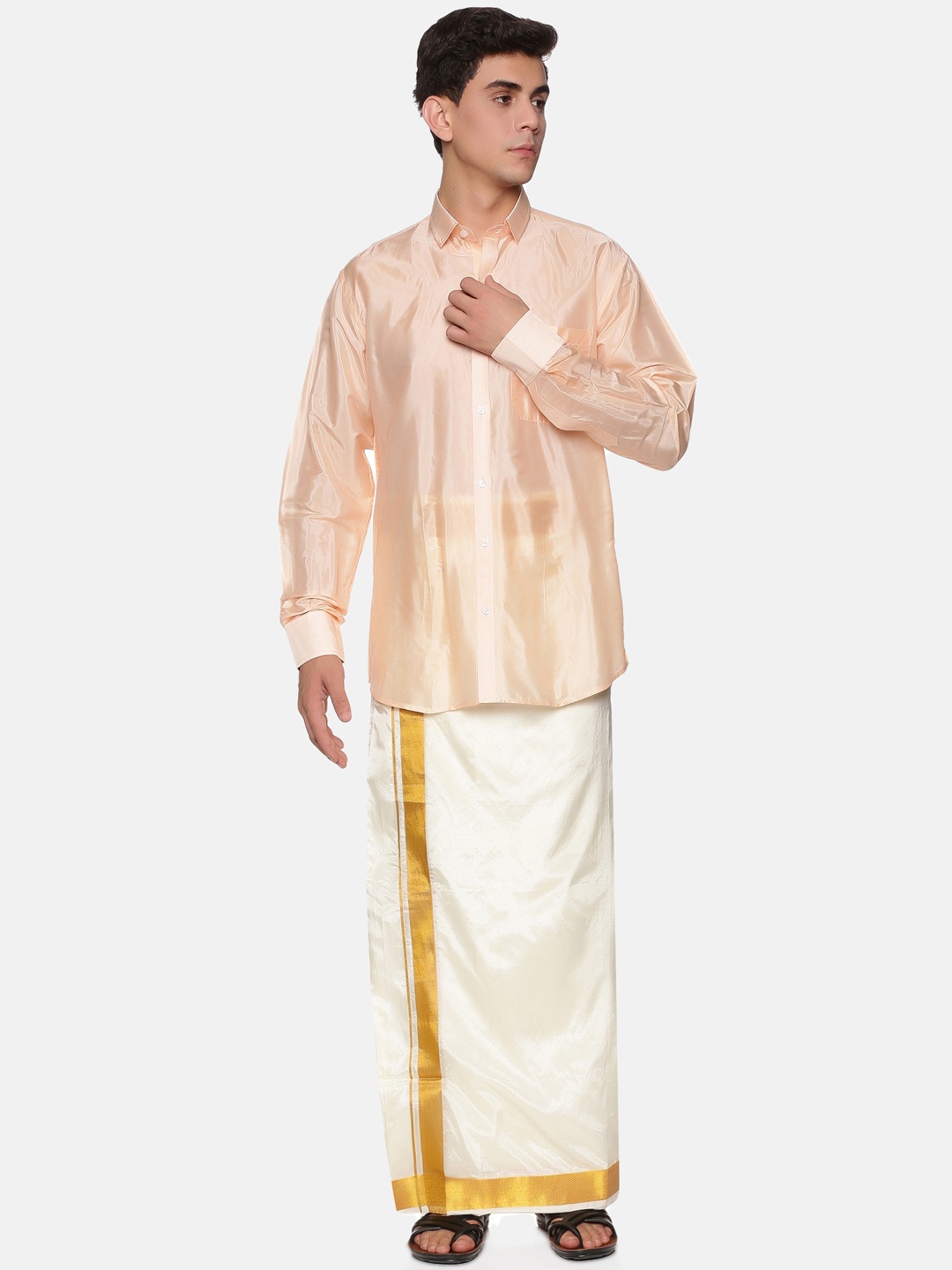 

Sethukrishna Men Peach-Coloured & White Shirt with Dhoti Set