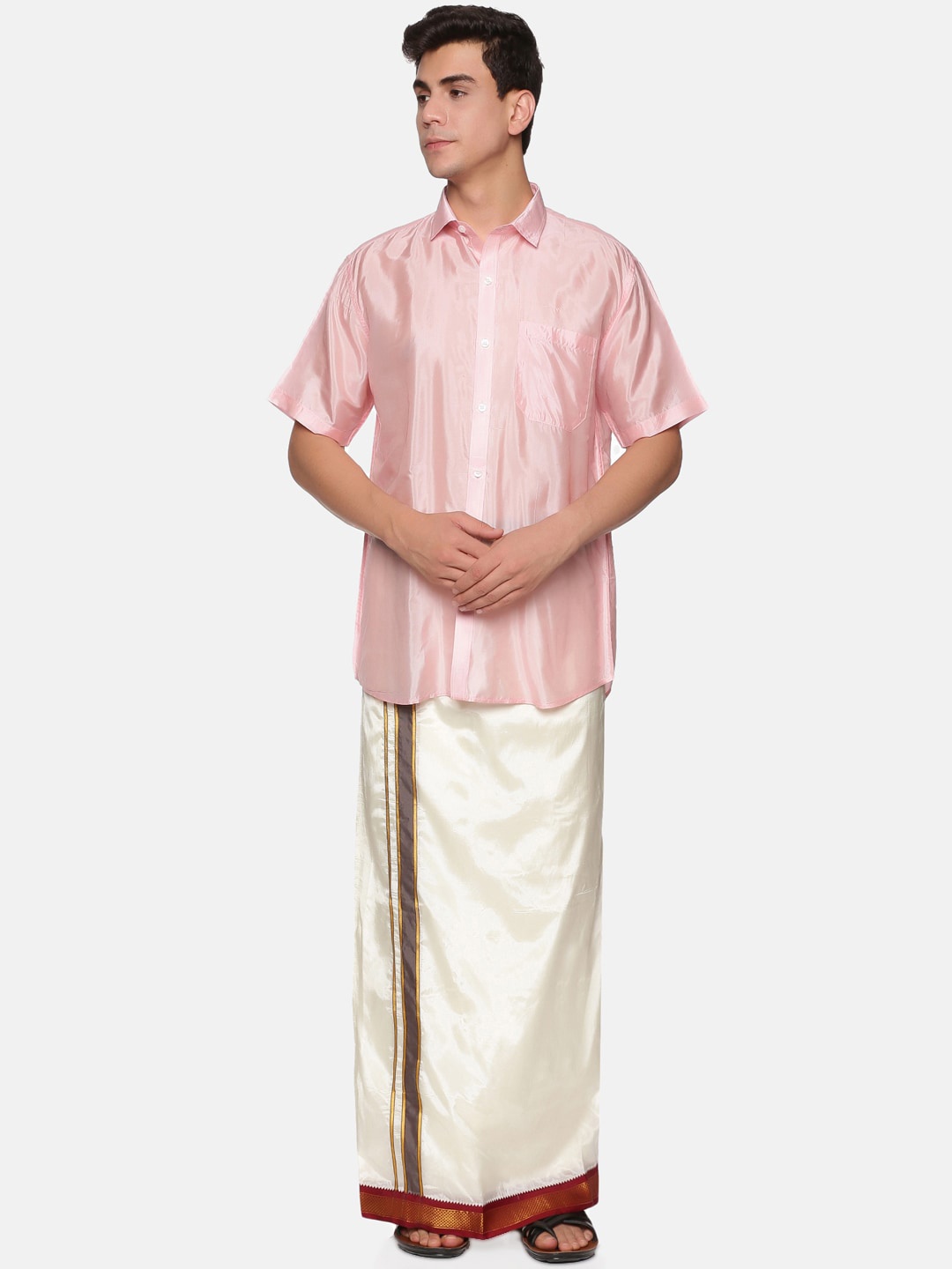 

Sethukrishna Men Pink & White Shirt with Dhoti Set