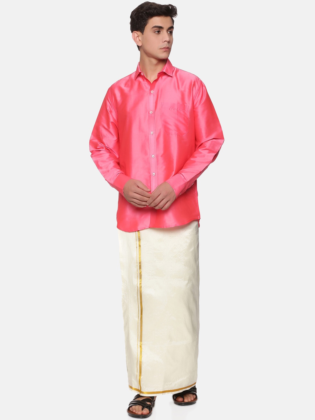 

Sethukrishna Men Pink & White Shirt with Dhoti Set