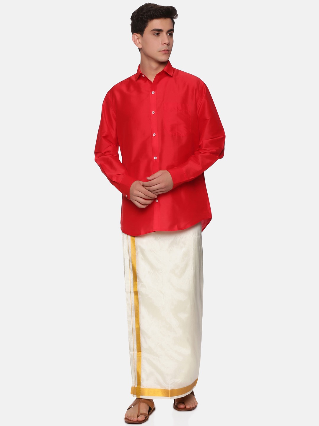 

Sethukrishna Men Red & Off White Shirt with Dhoti Set