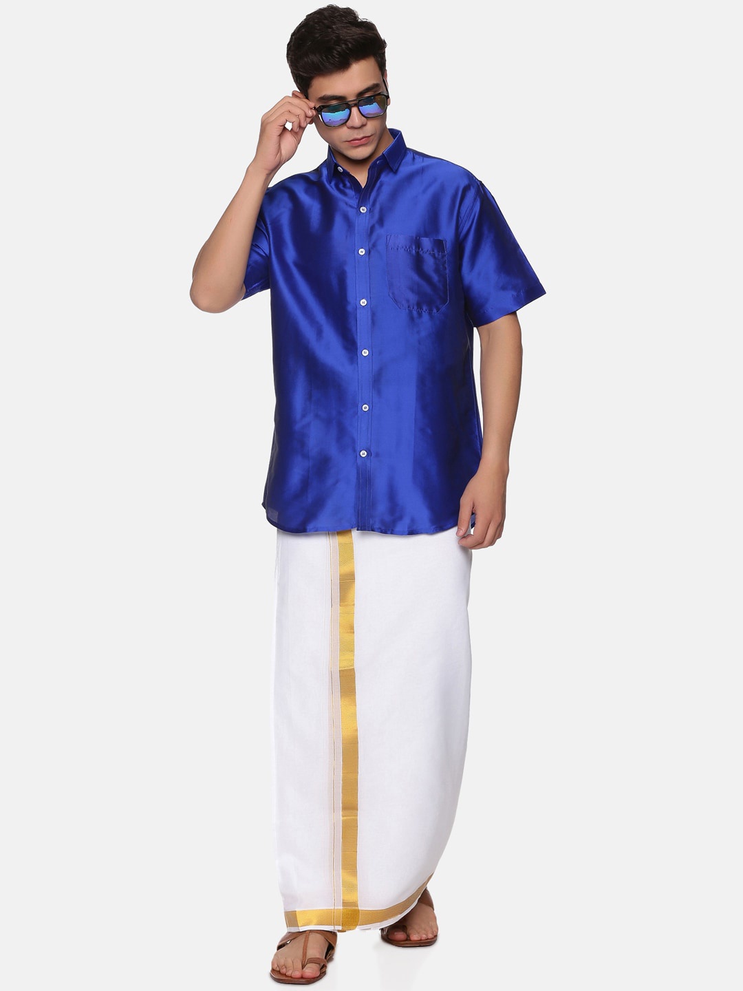 

Sethukrishna Men Navy Blue & White Shirt with Dhoti Pants