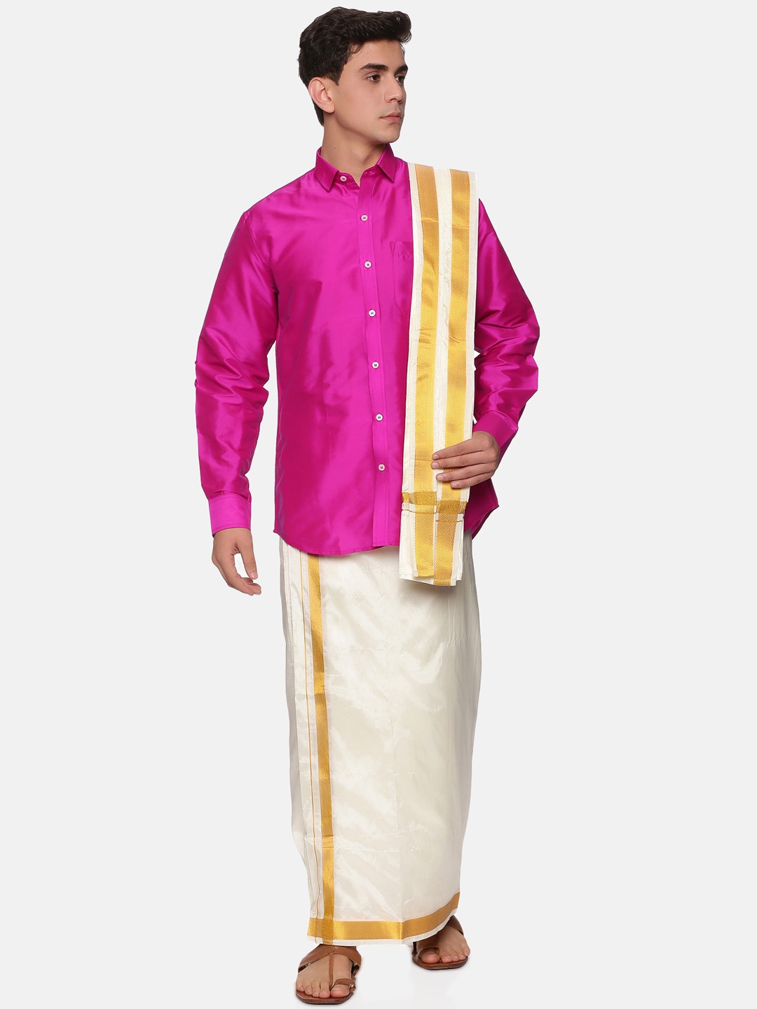 

Sethukrishna Men Pink & White Shirt Veshti Set