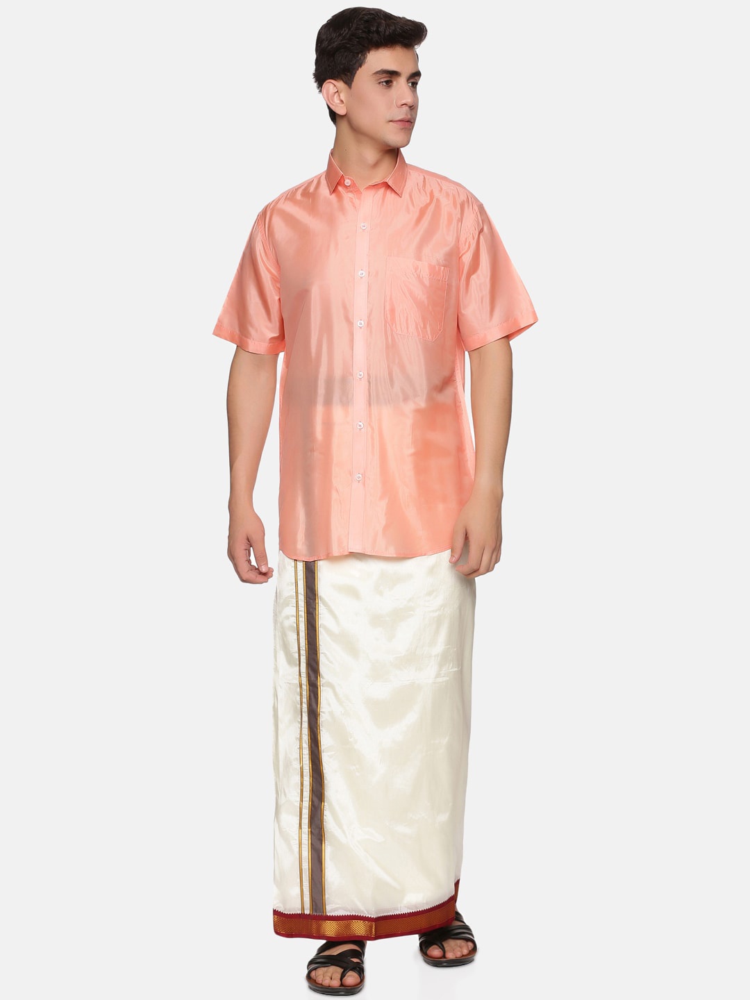 

Sethukrishna Men Peach-Coloured & White Shirt Veshti Set