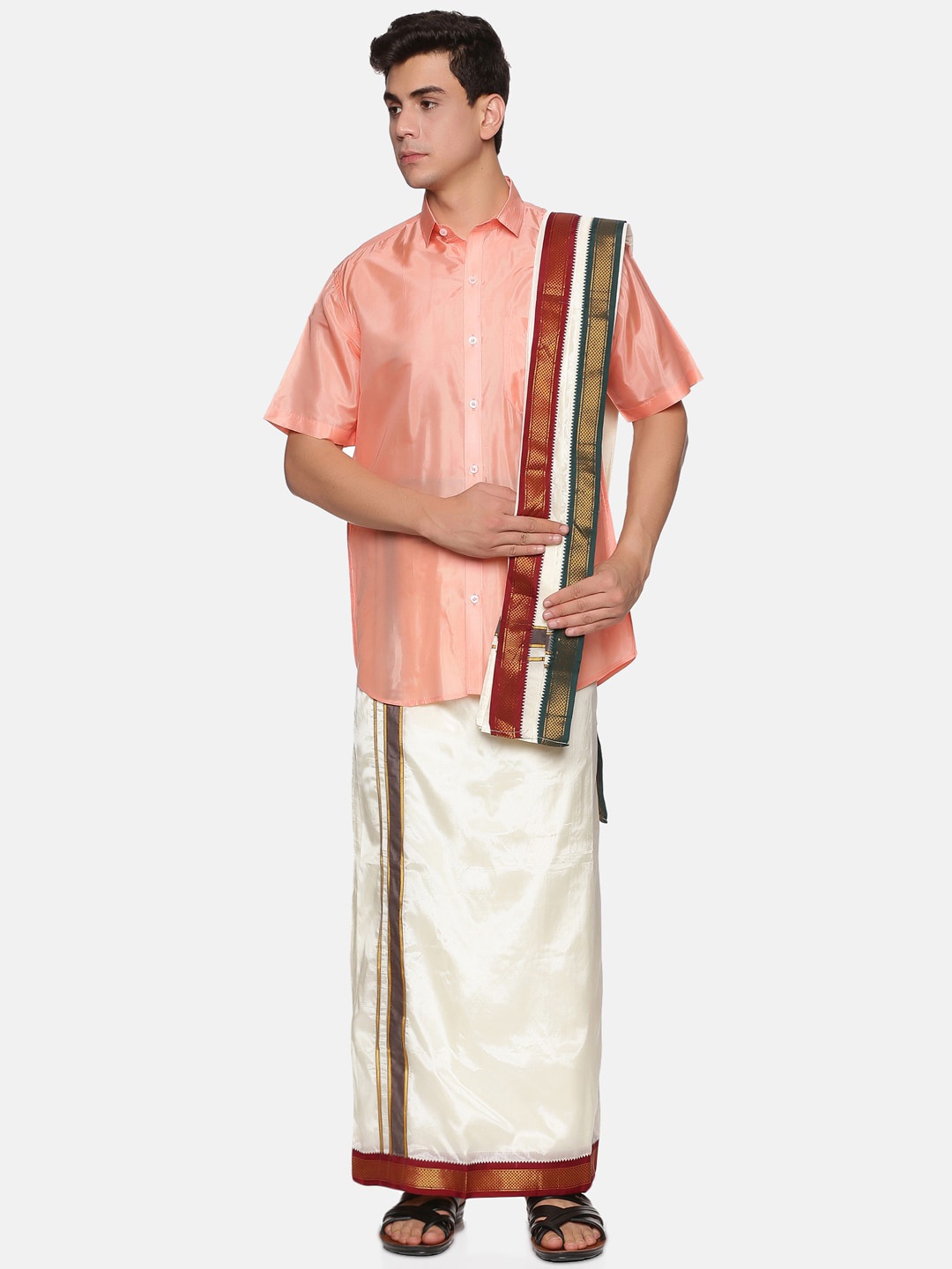 

Sethukrishna Men Peach & White Shirt Dhoti with Angavastram Set