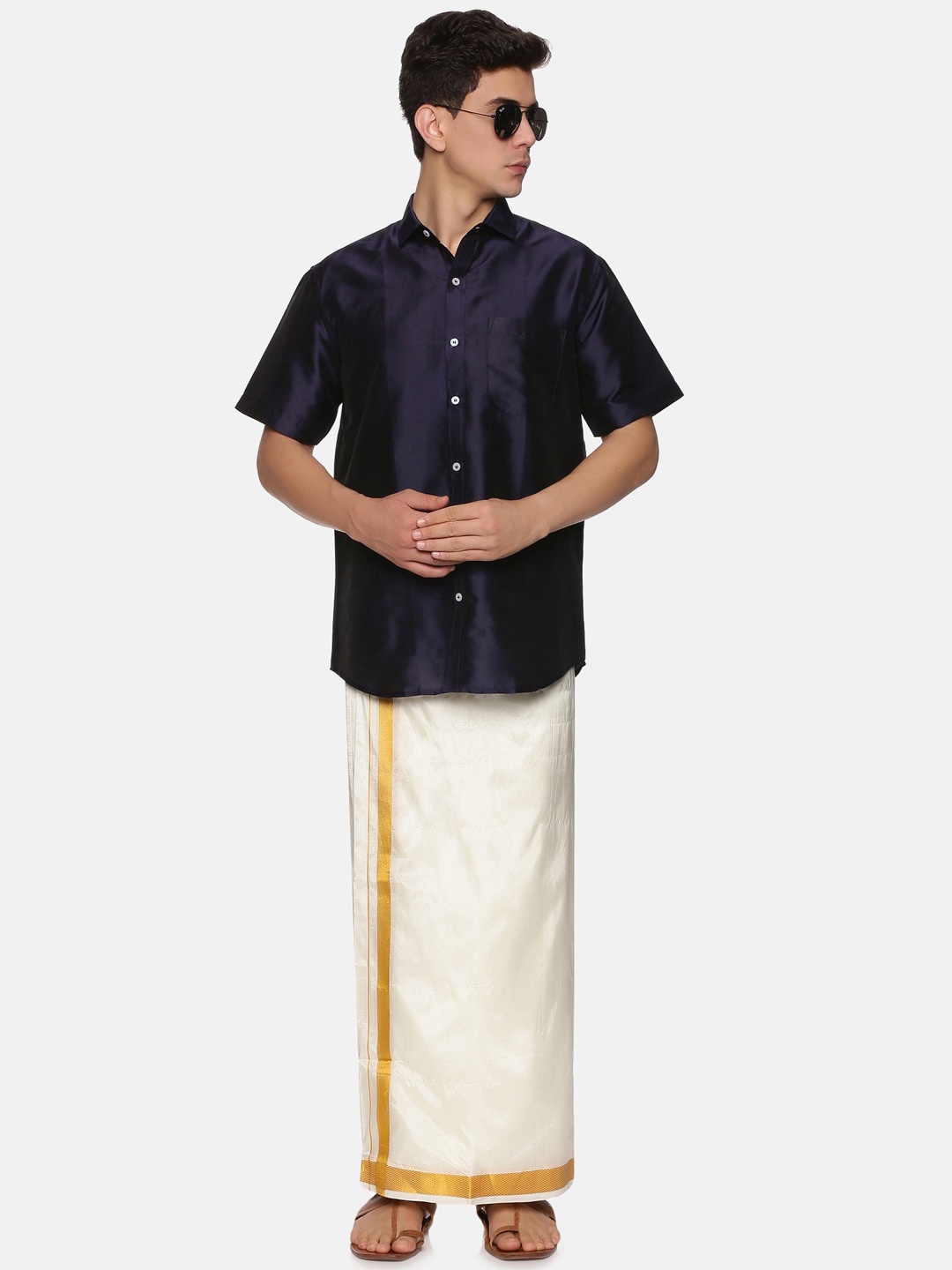 

Sethukrishna Men Blue & White Shirt Dhoti with Angavastram Set