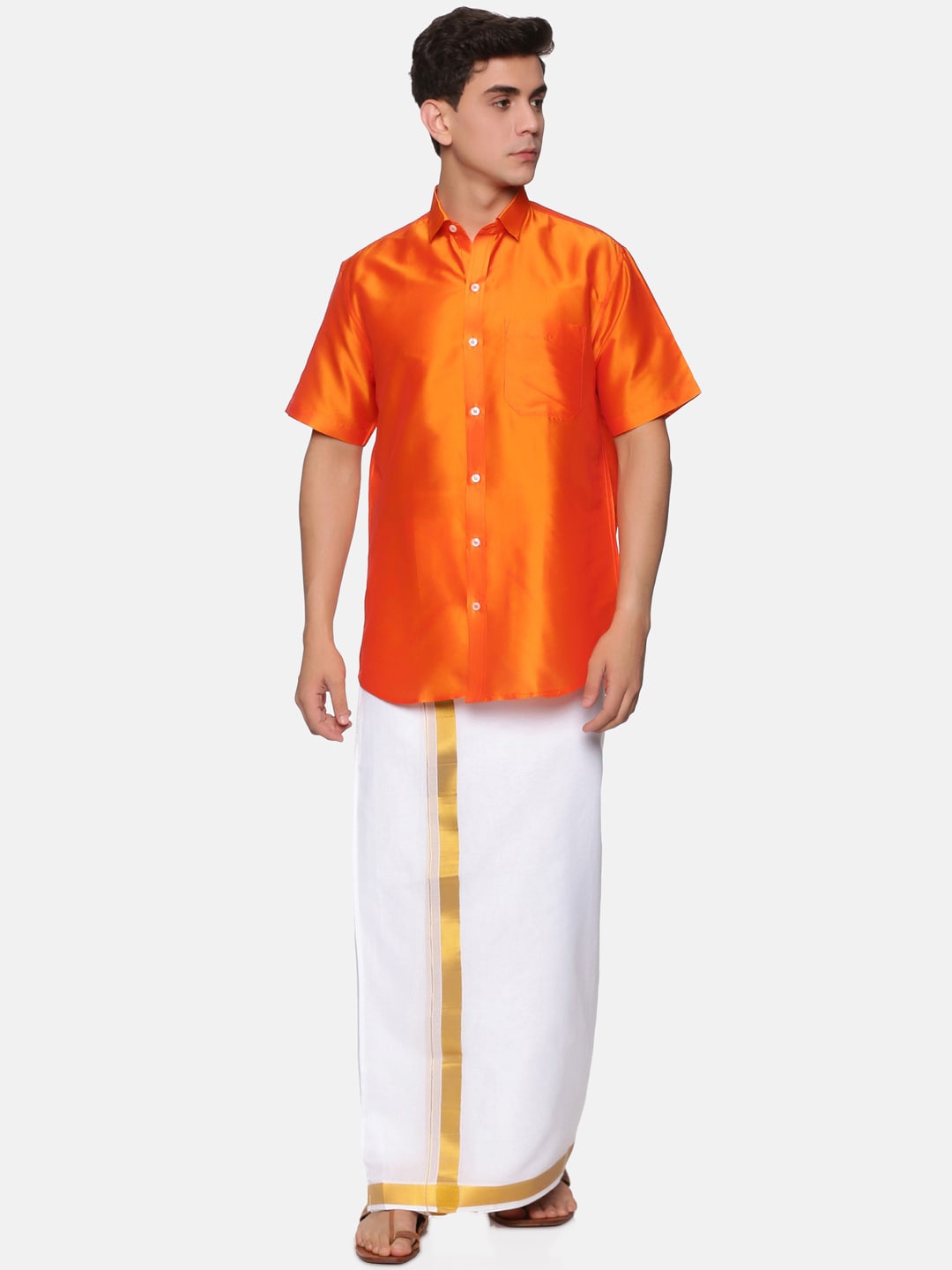 

Sethukrishna Men Orange & White Shirt with Veshti