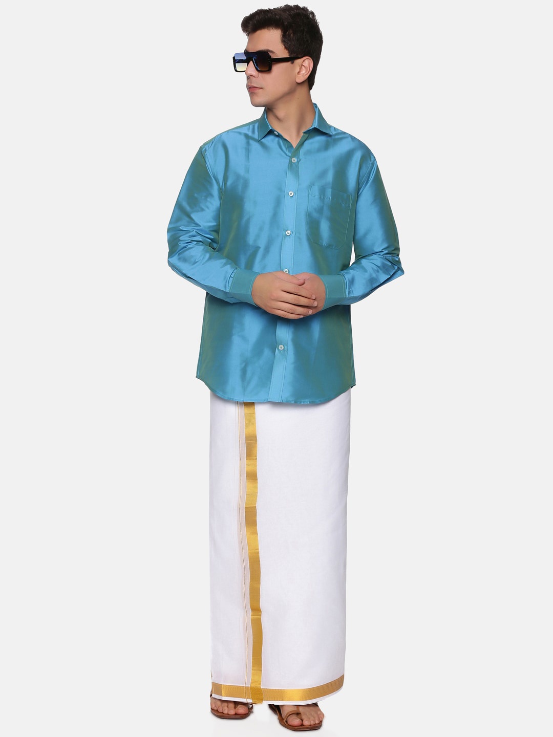 

Sethukrishna Men Turquoise Blue & White Shirt & Veshti with Angavastram