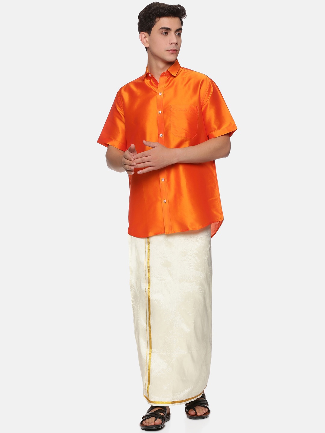 

Sethukrishna Men Orange & White Shirt & Veshti with Angavastram