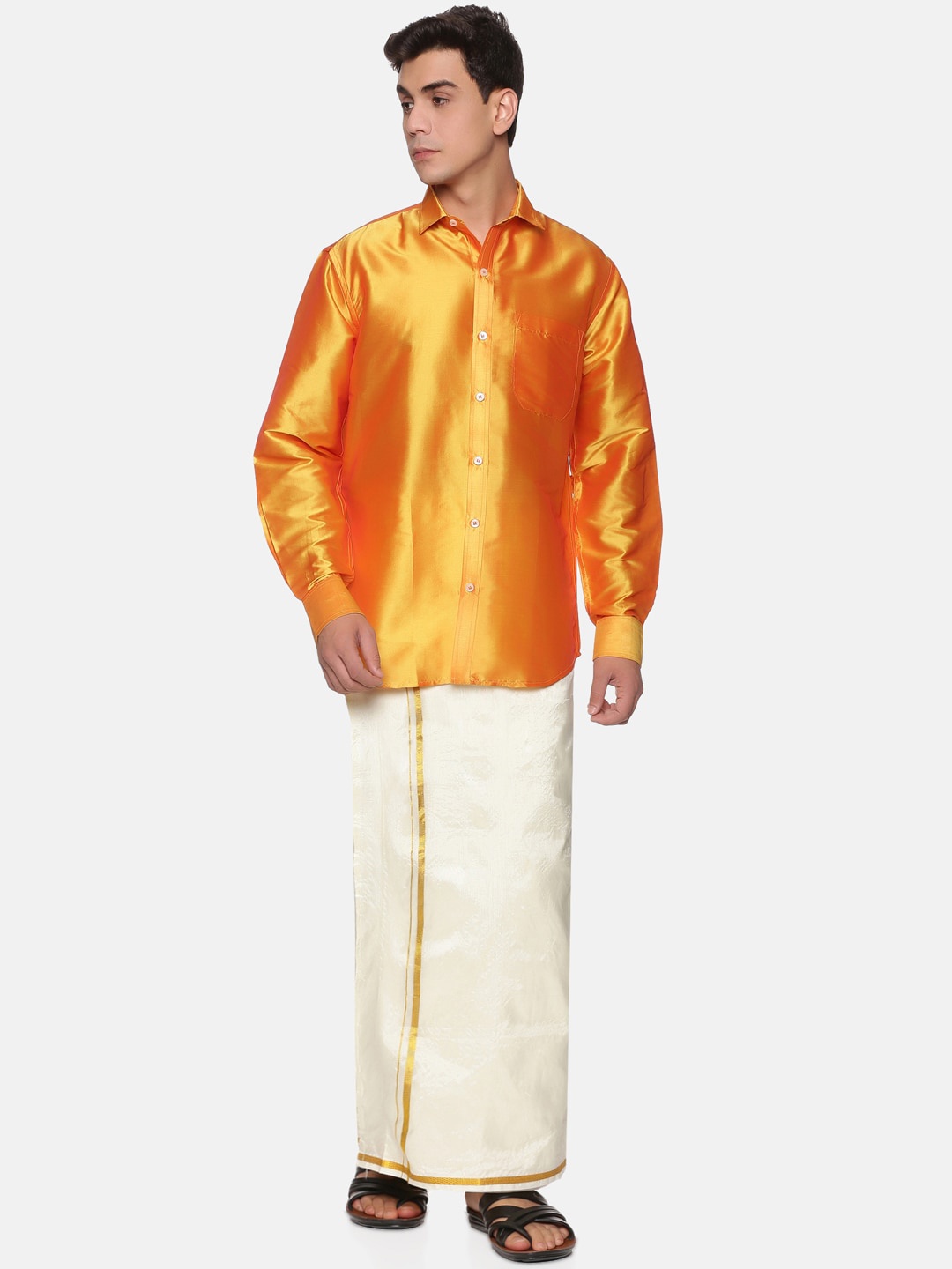

Sethukrishna Men Yellow & White Shirt & Veshti with Angavastram