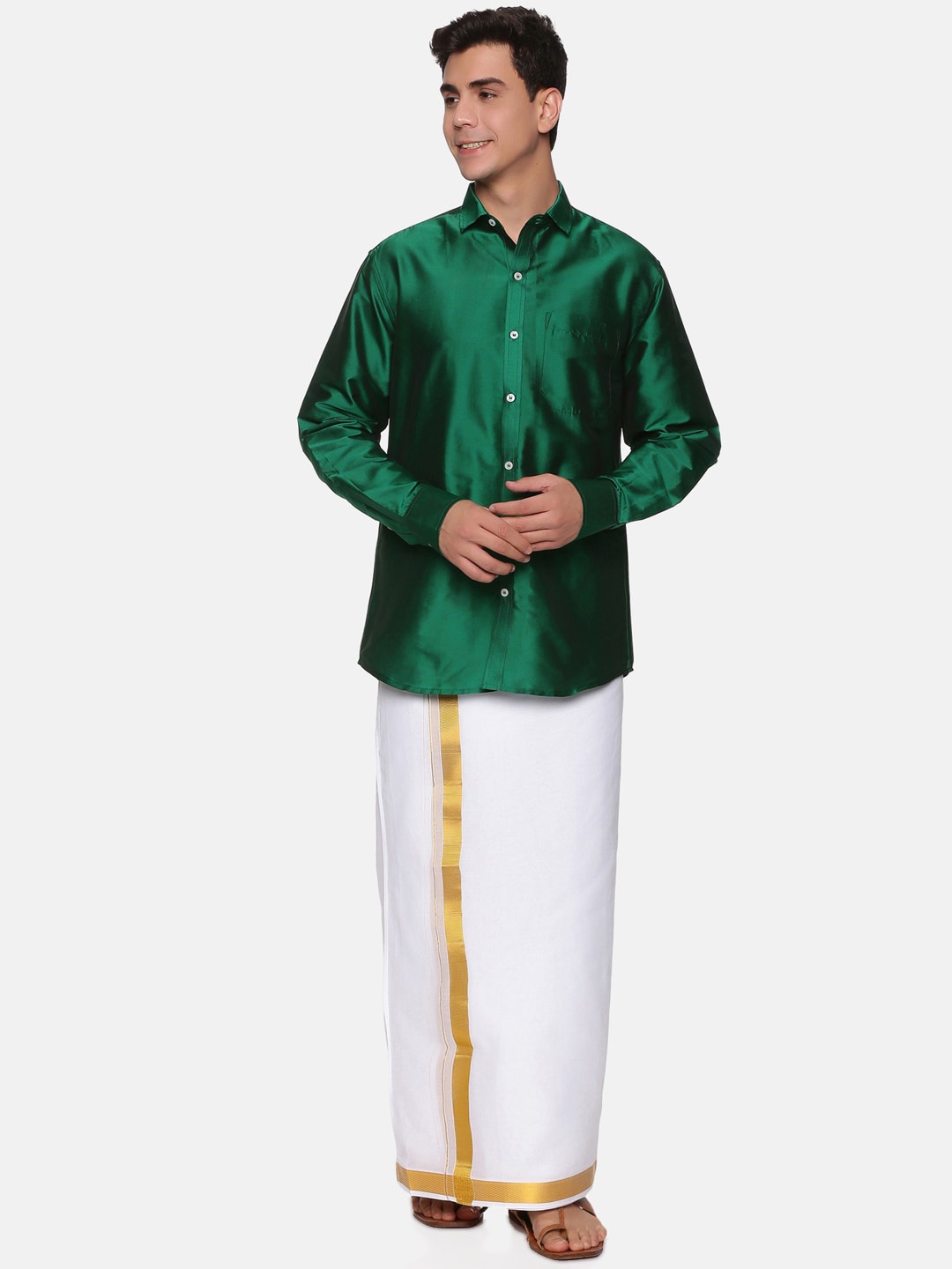 

Sethukrishna Men Green & White Shirt & Veshti with Angavastram