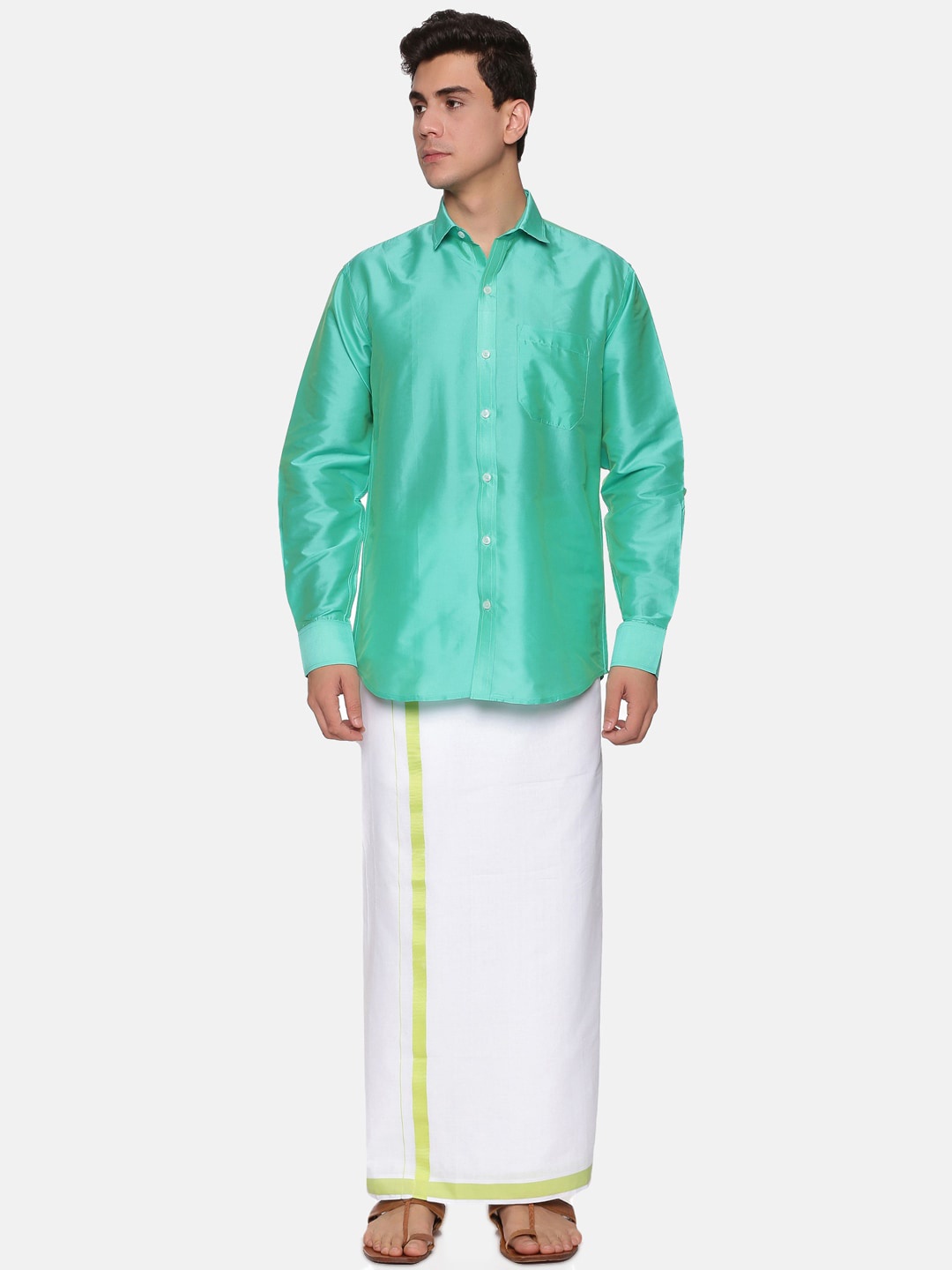 

Sethukrishna Men Fluorescent Green & White Shirt with Dhoti