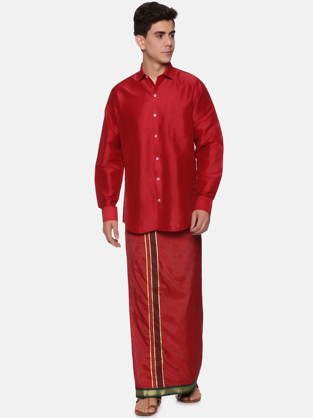 

Sethukrishna Men Maroon & Gold-Toned Shirt with Veshti Set