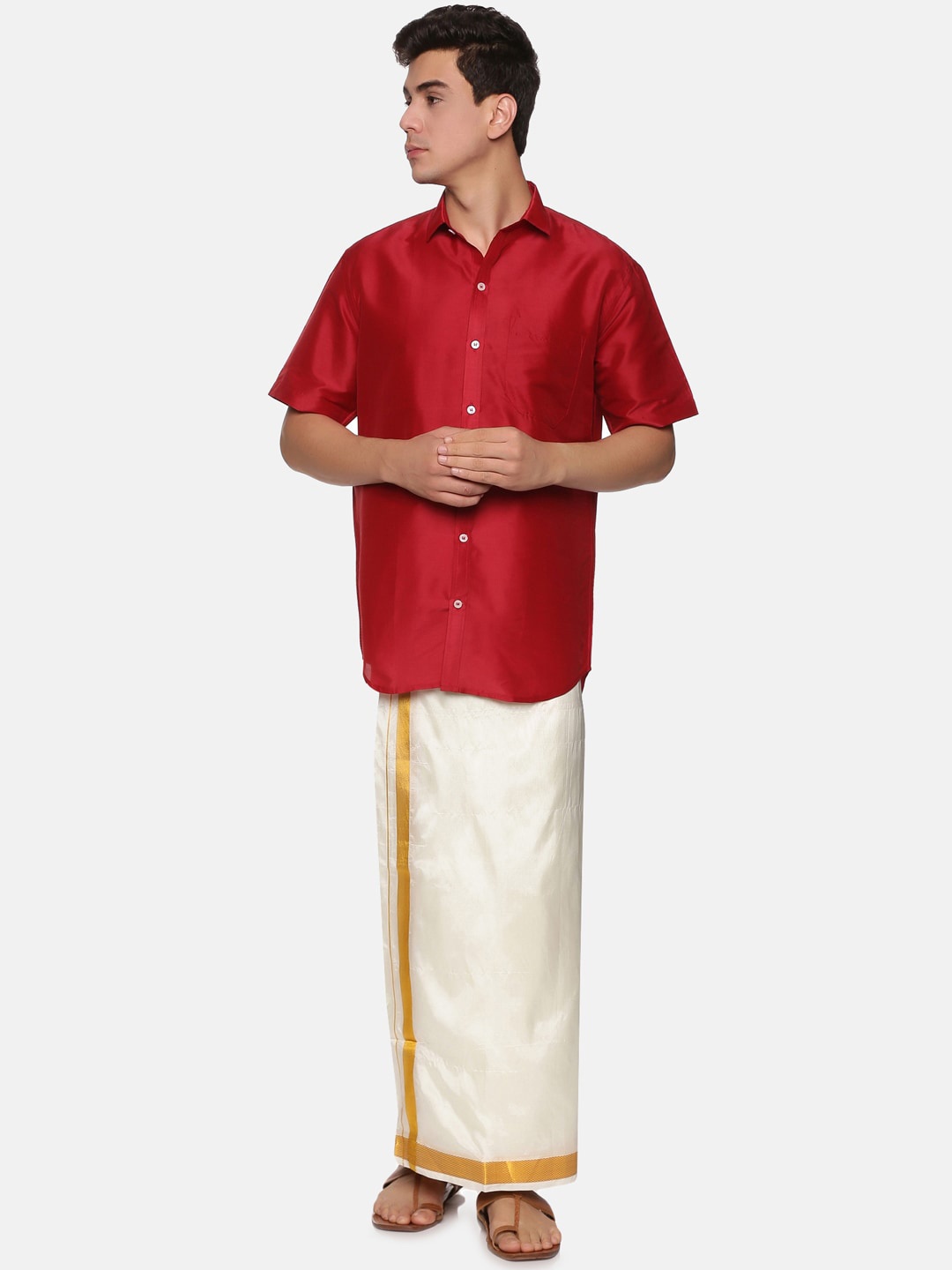 

Sethukrishna Men Maroon & White Shirt & Dhoti with Angavastram