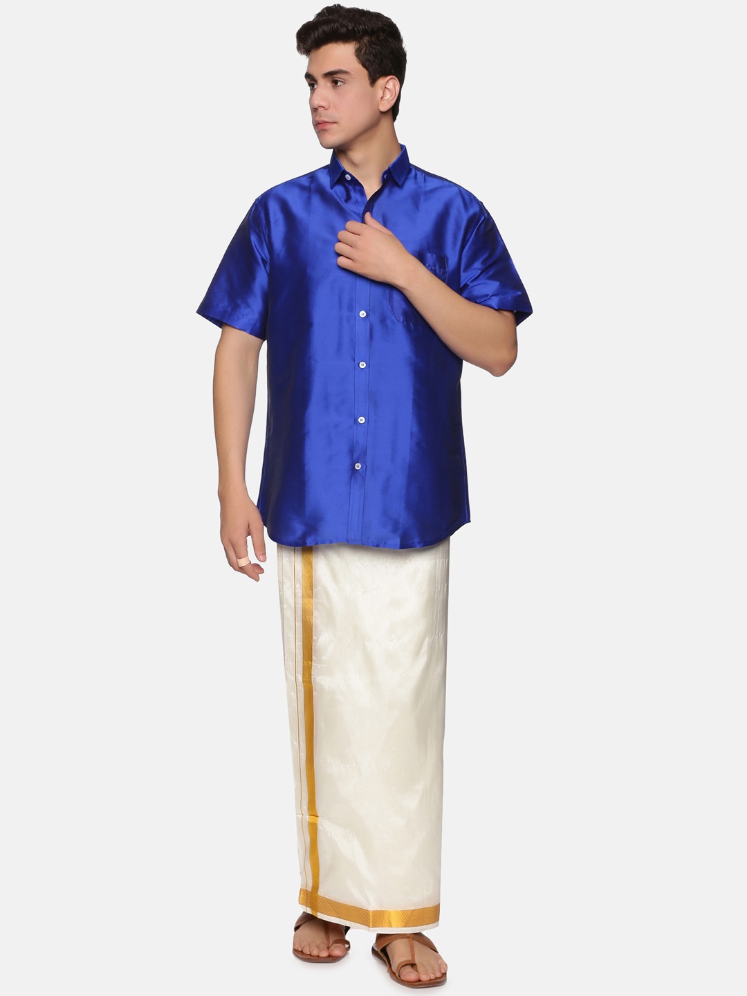 

Sethukrishna Men Navy Blue & White Shirt with Veshti Set