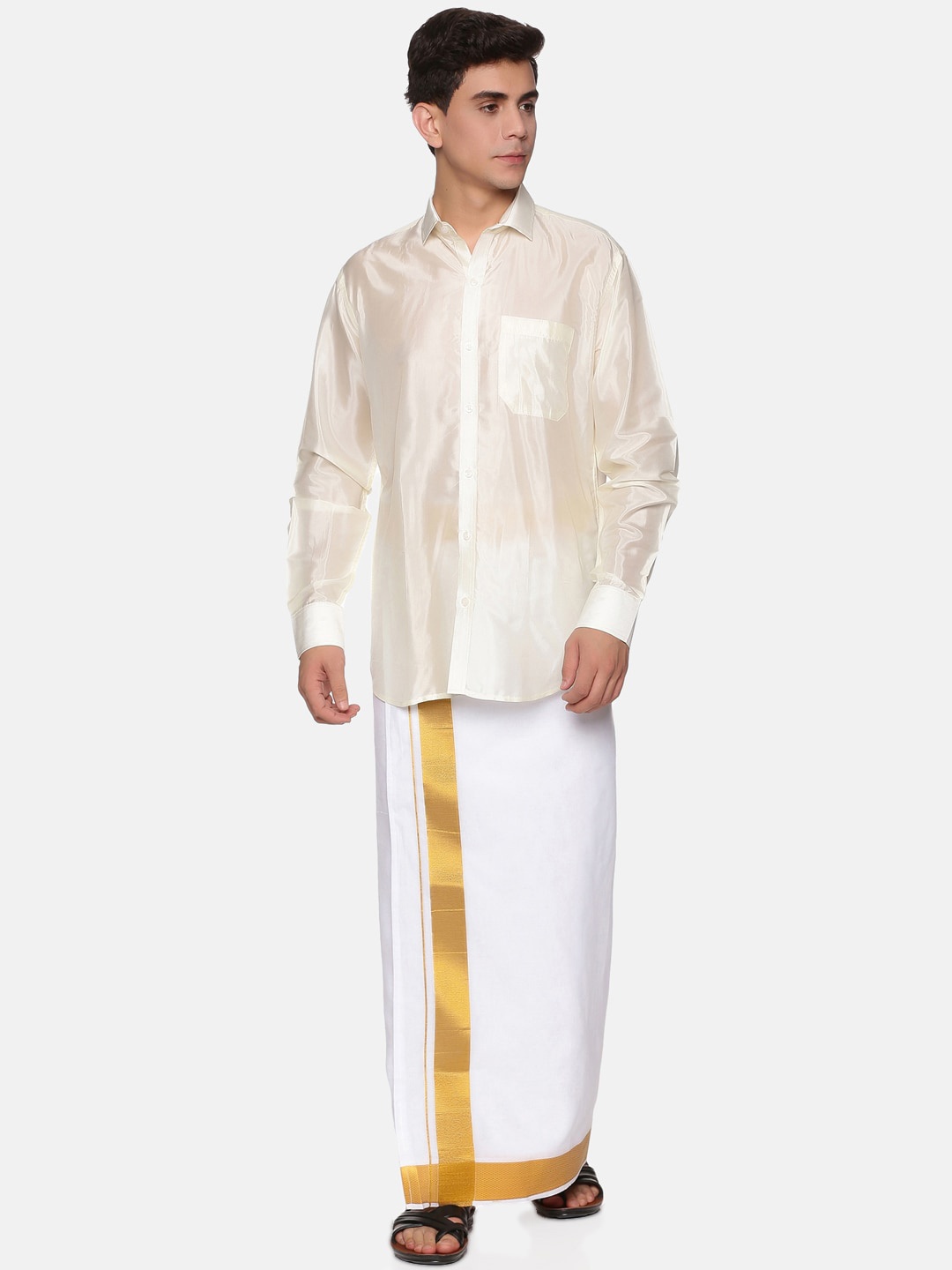 

Sethukrishna Men Cream-Coloured & White Shirt & Veshti with Angavastram