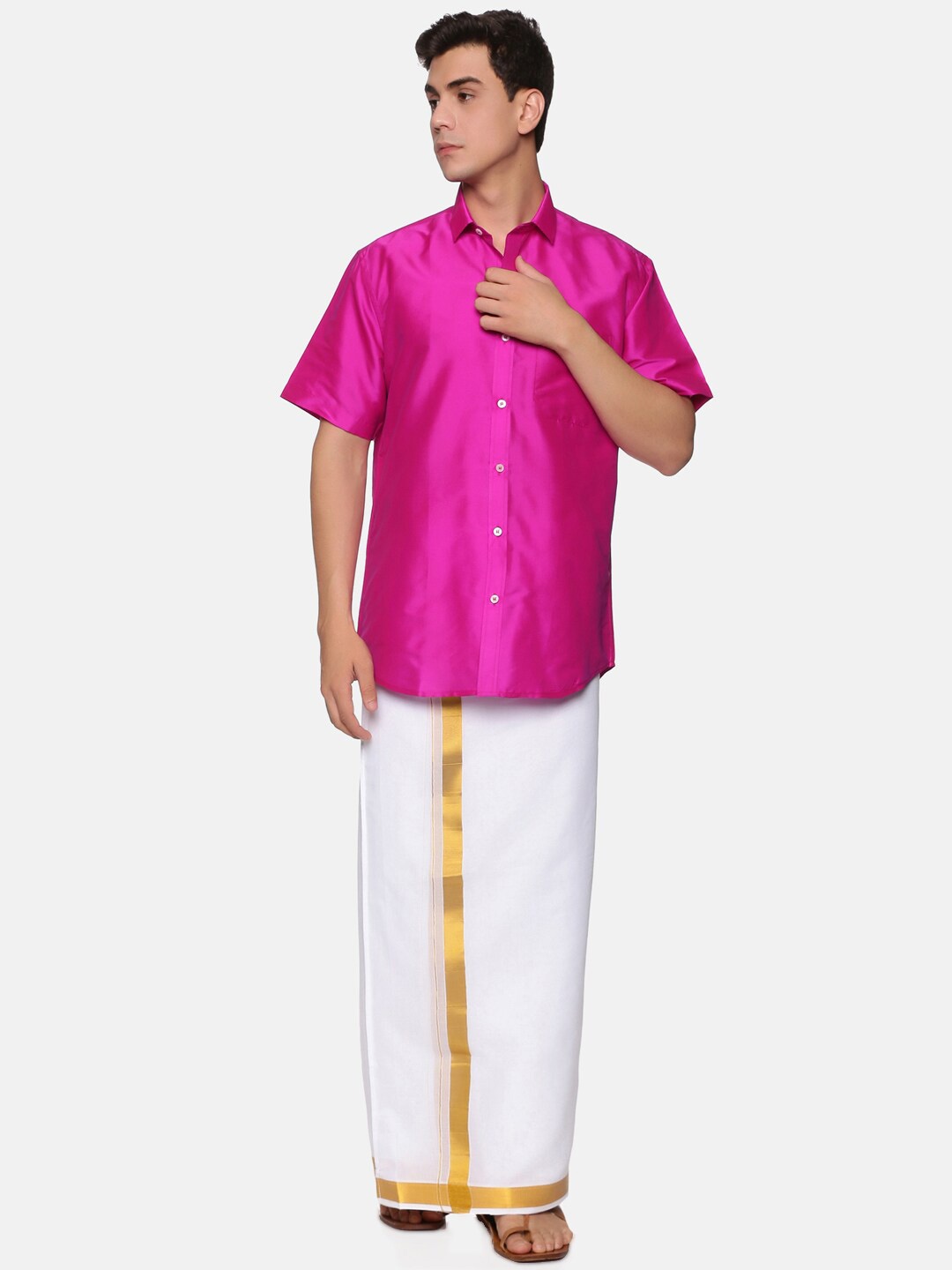 

Sethukrishna Men Pink & White Shirt with Dhoti Set