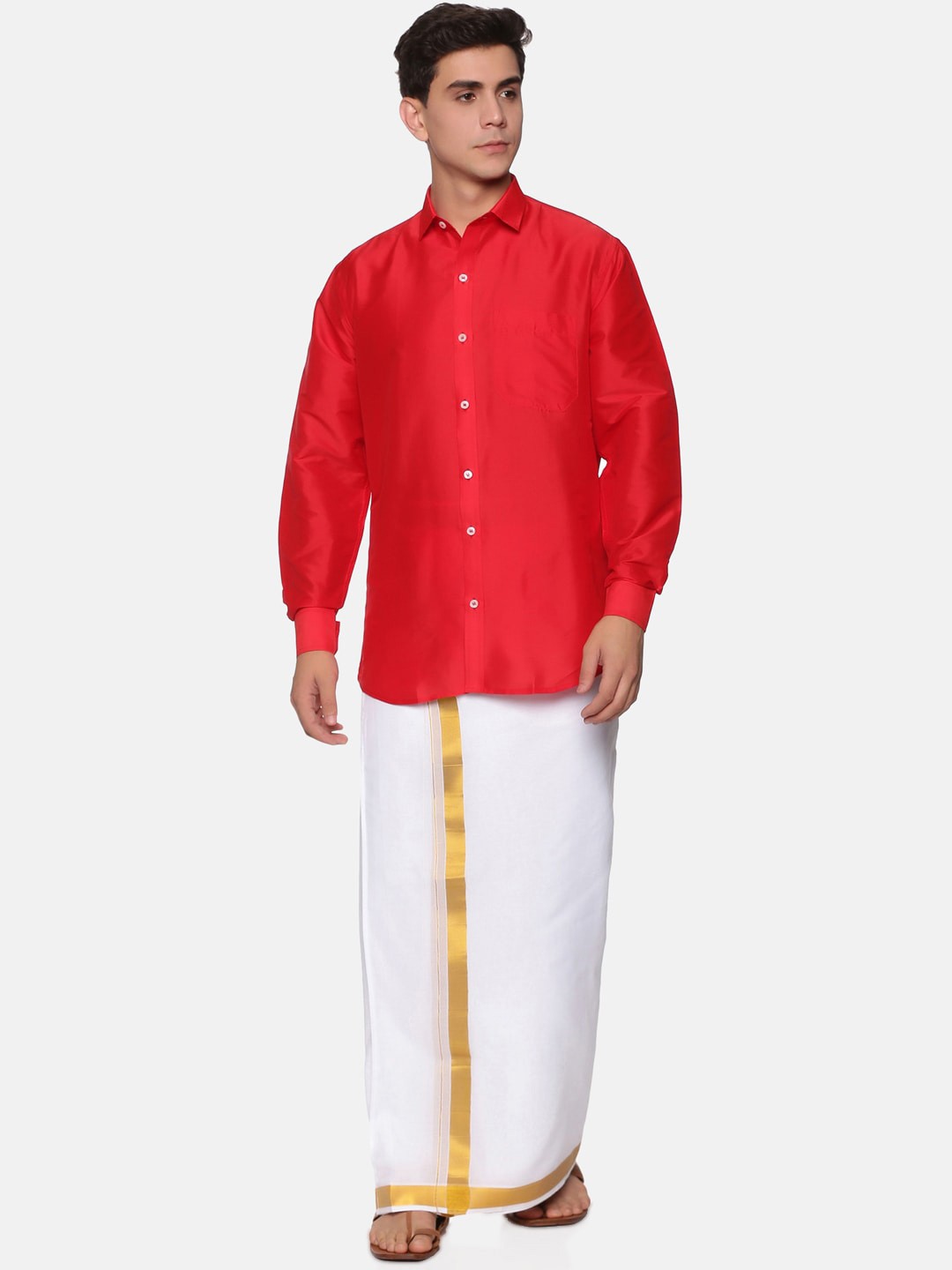 

Sethukrishna Men Red & White Shirt & Veshti with Angavastram