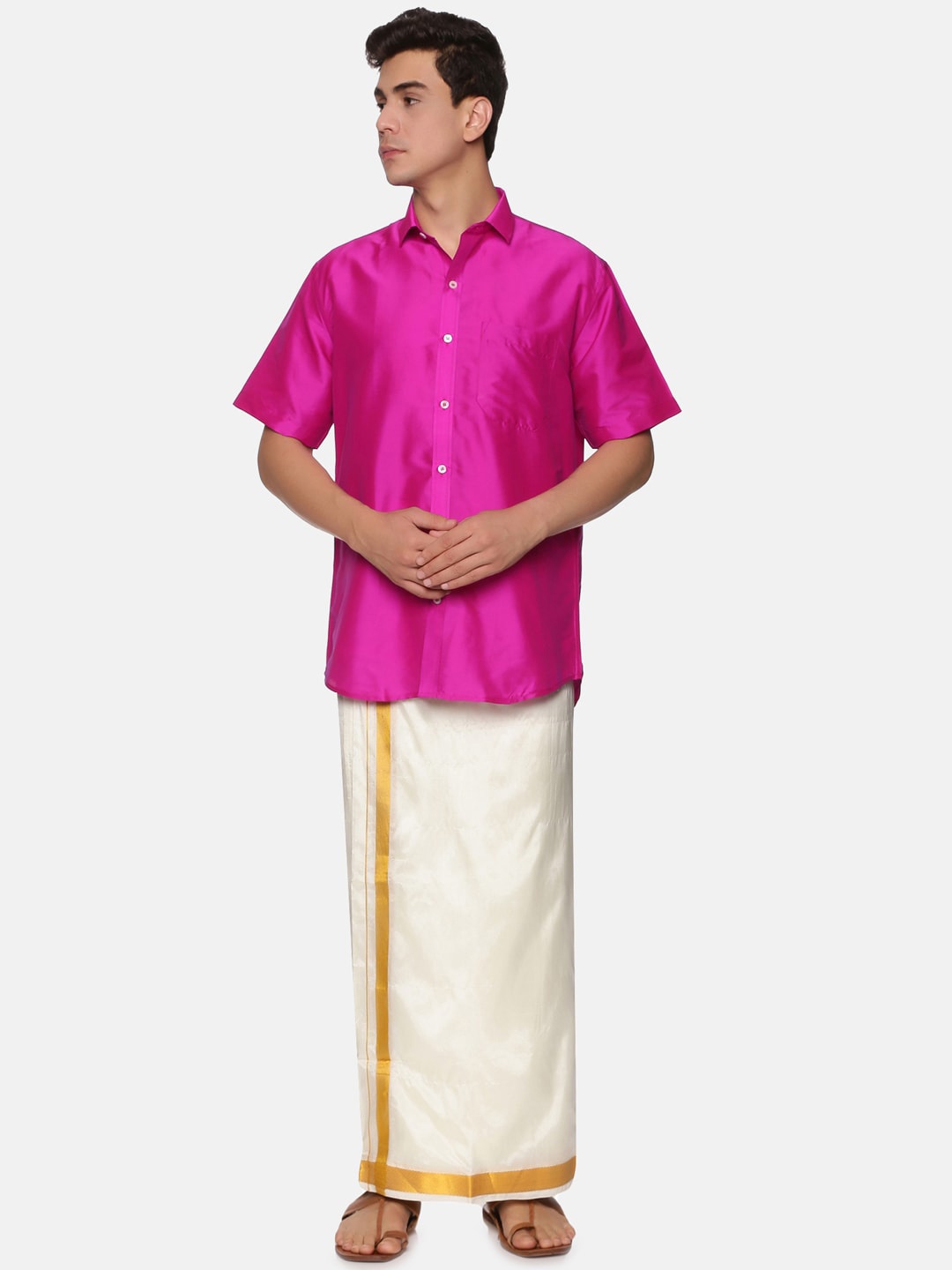 

Sethukrishna Men Pink & Cream-Coloured Shirt with Veshti & Angavastram