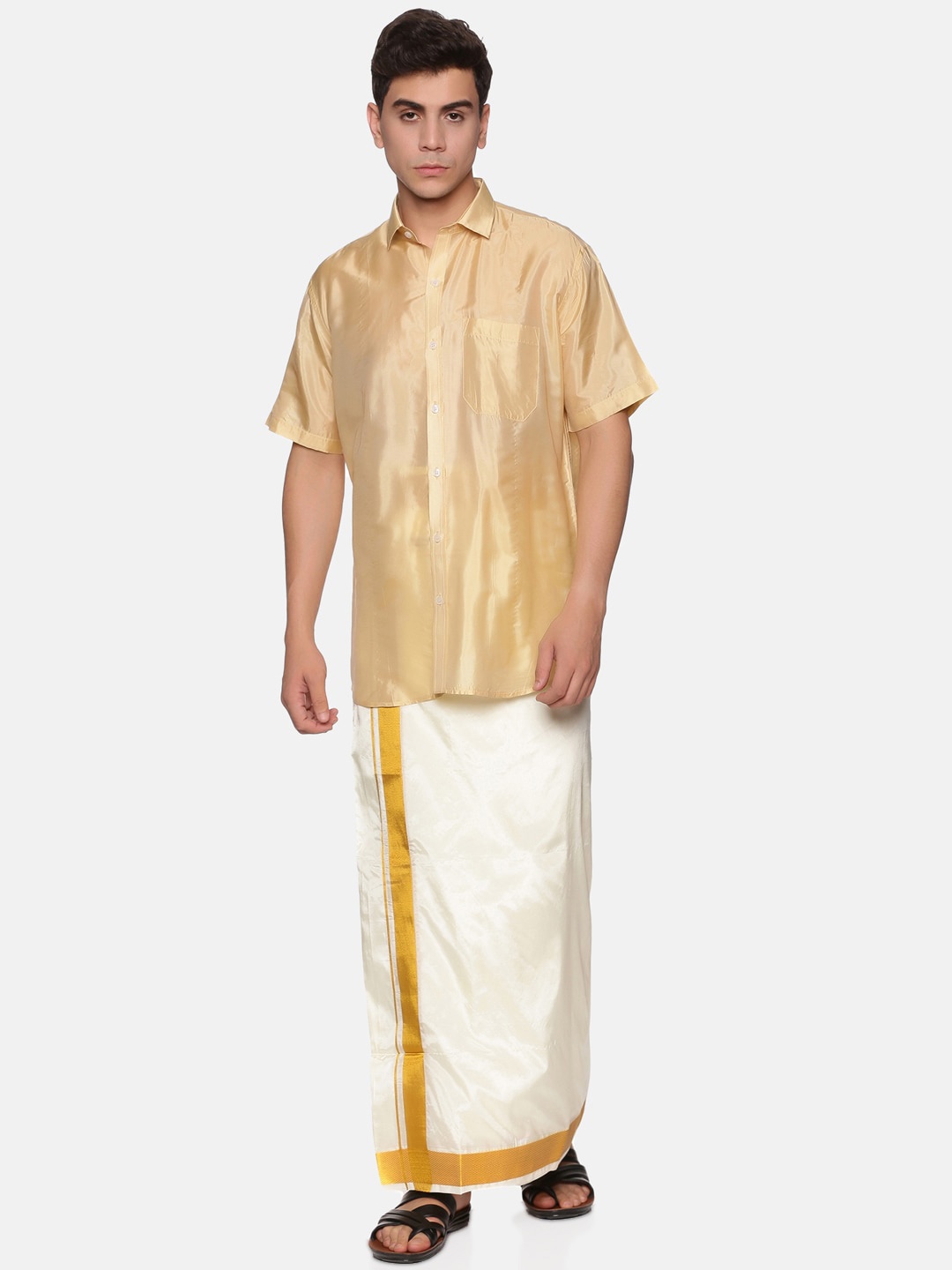 

Sethukrishna Men Beige & White Shirt with Veshti & Angavastram