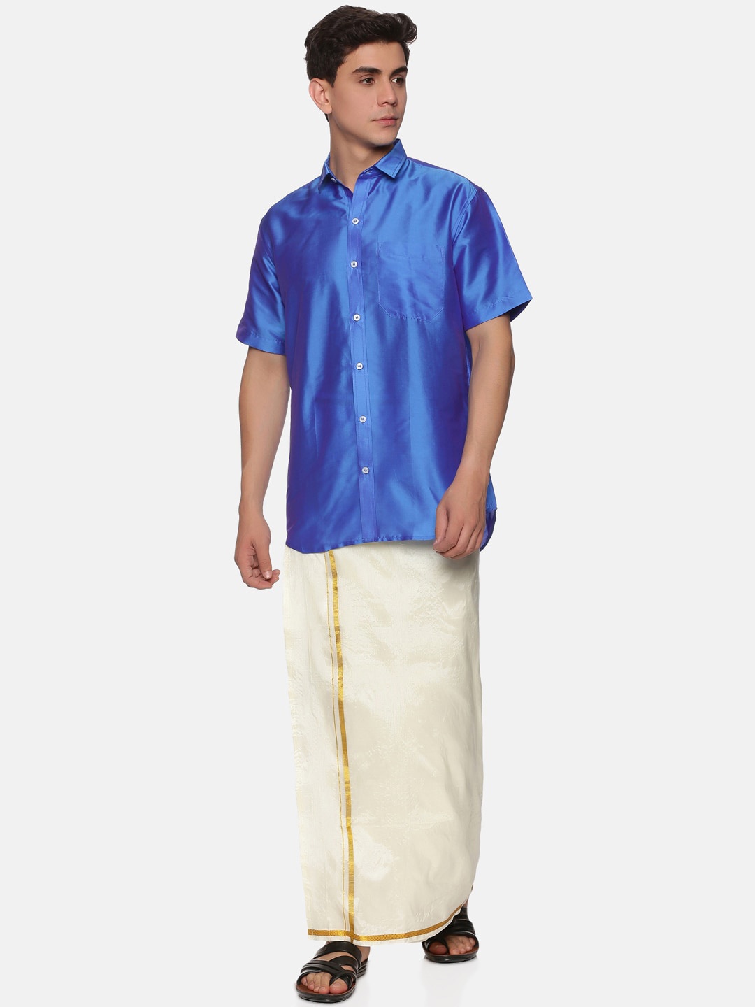 

Sethukrishna Men Blue & White Shirt with Veshti