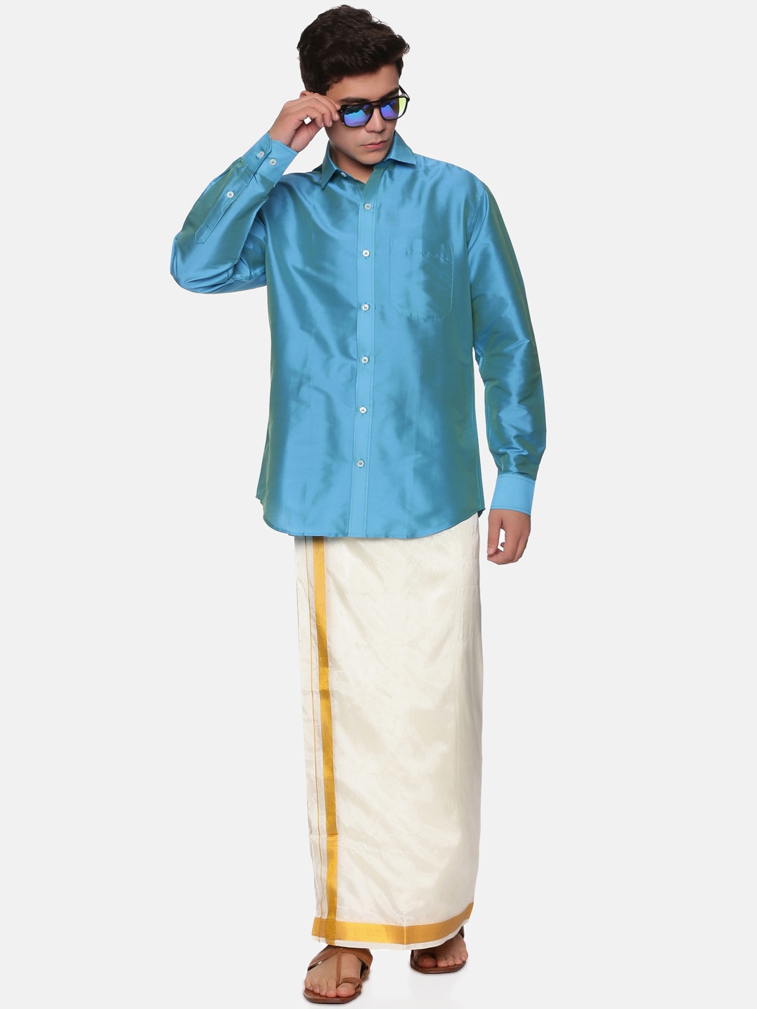 

Sethukrishna Men Turquoise Blue & White Shirt with Veshti & Angavastram