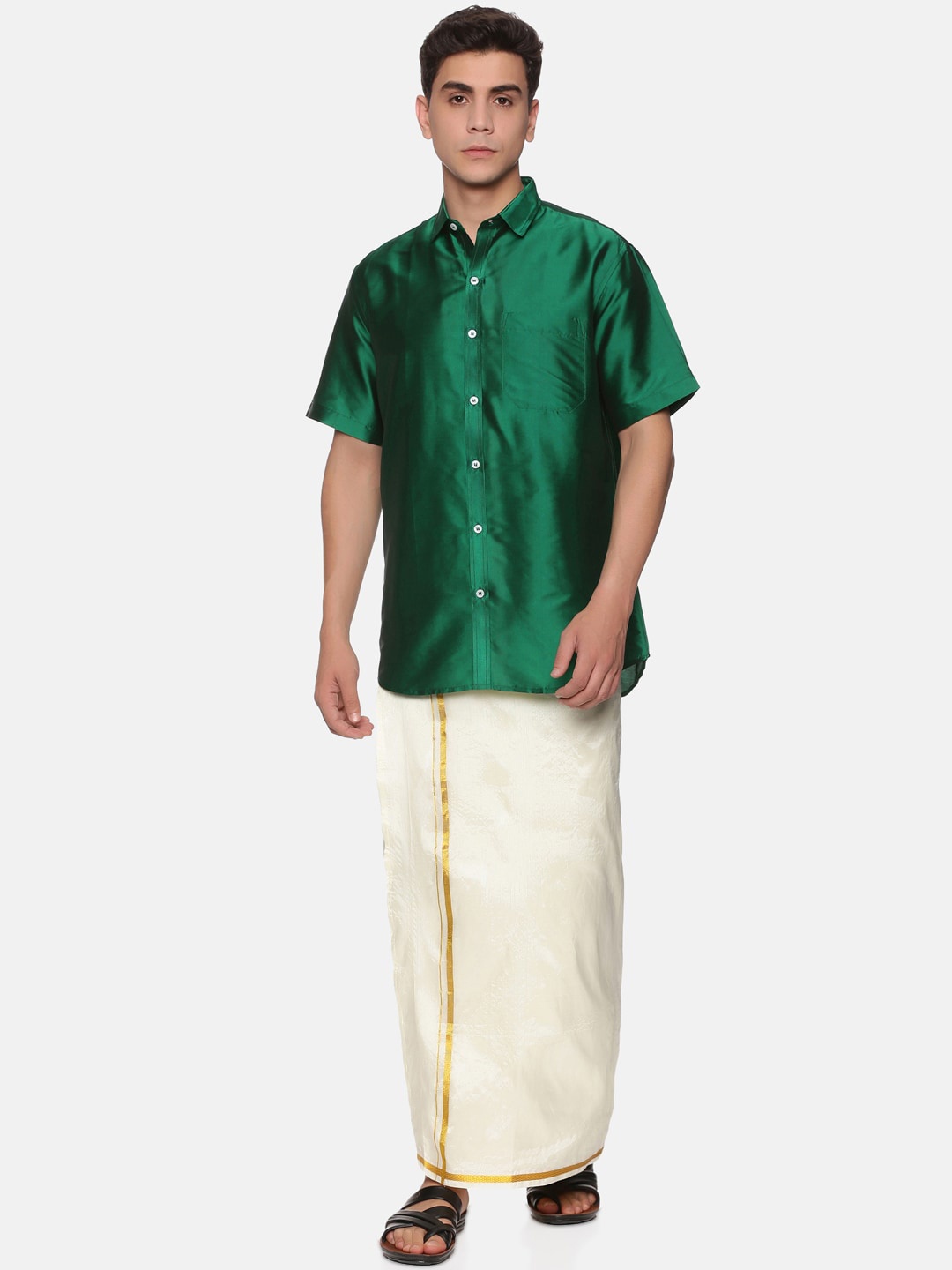 

Sethukrishna Men Green & White Shirt with Veshti & Angavastram