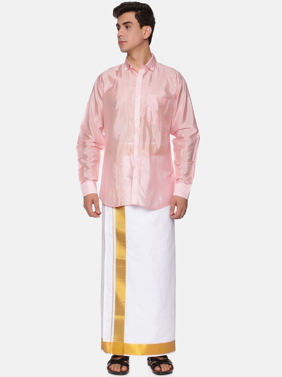 

Sethukrishna Men Pink & White Shirt with Veshti & Angavastram