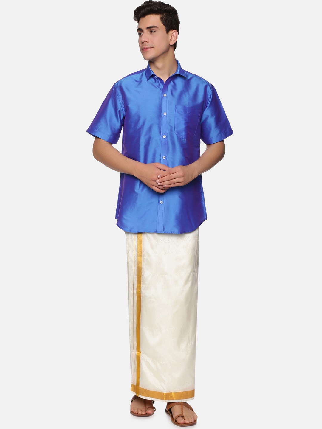

Sethukrishna Men Blue & White Shirt & Veshti Set
