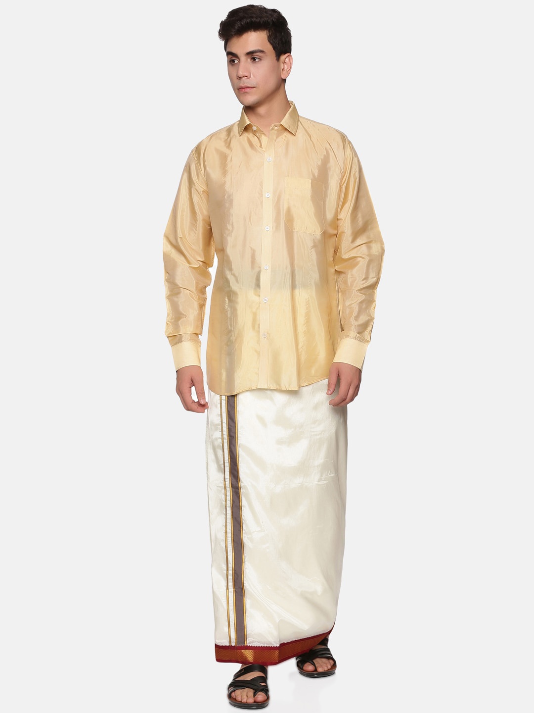 

Sethukrishna Men Beige & White Shirt & Veshti Set